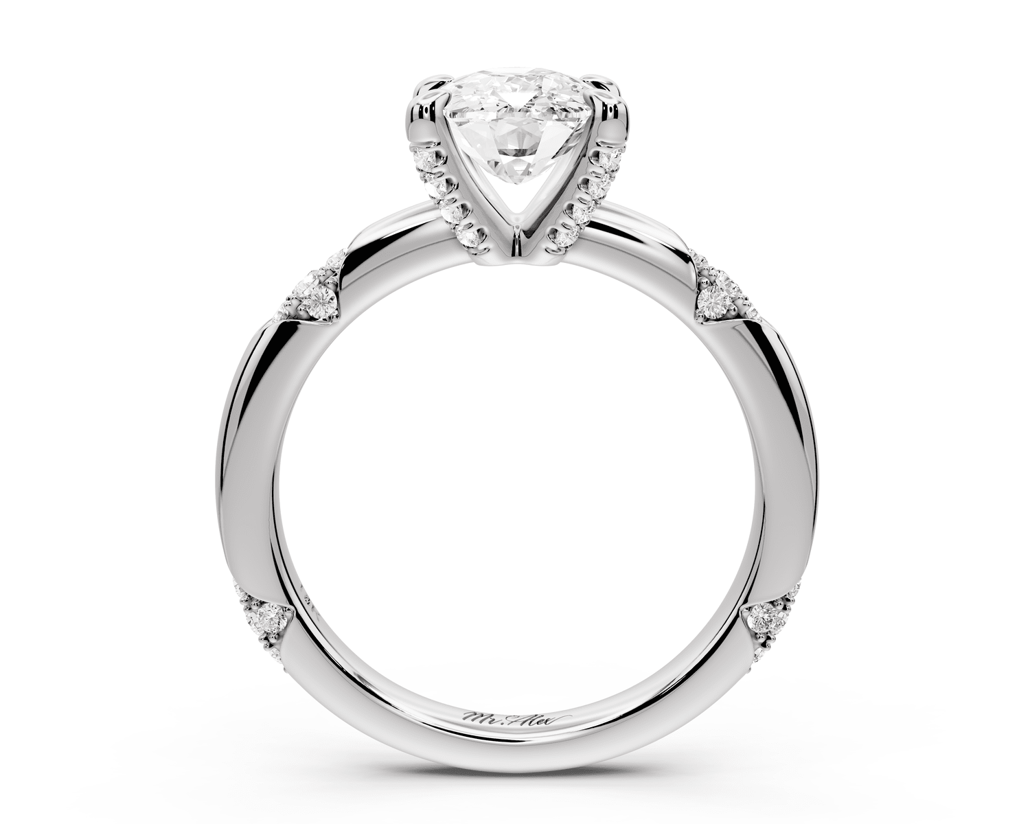 Luna - 2ct 18k white gold ecushion Diamond Crown with Flush - Set Diamond Clusters Engagement Ring - Mr. Alex Jewelry
