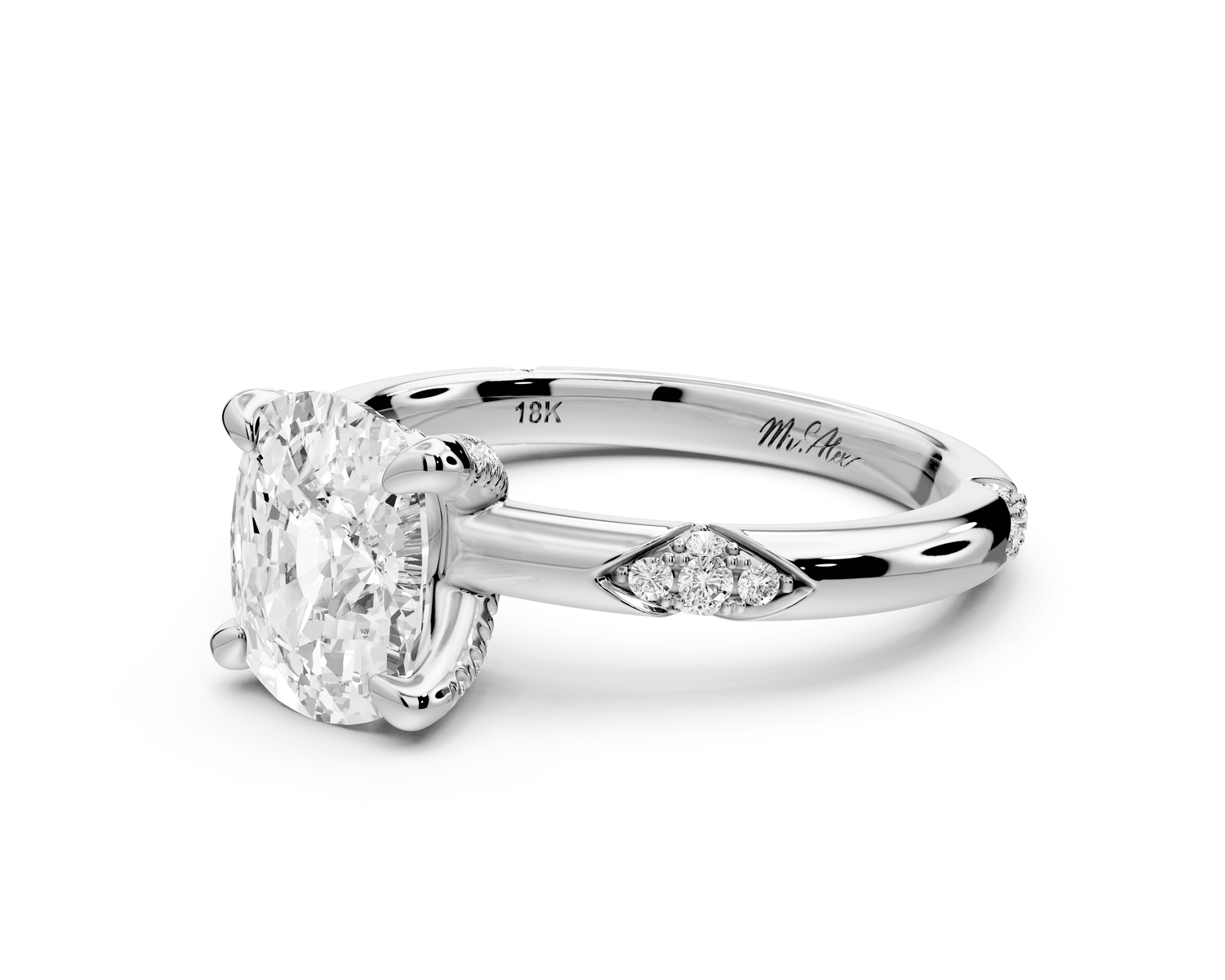 Luna - 2ct 18k white gold ecushion Diamond Crown with Flush - Set Diamond Clusters Engagement Ring - Mr. Alex Jewelry