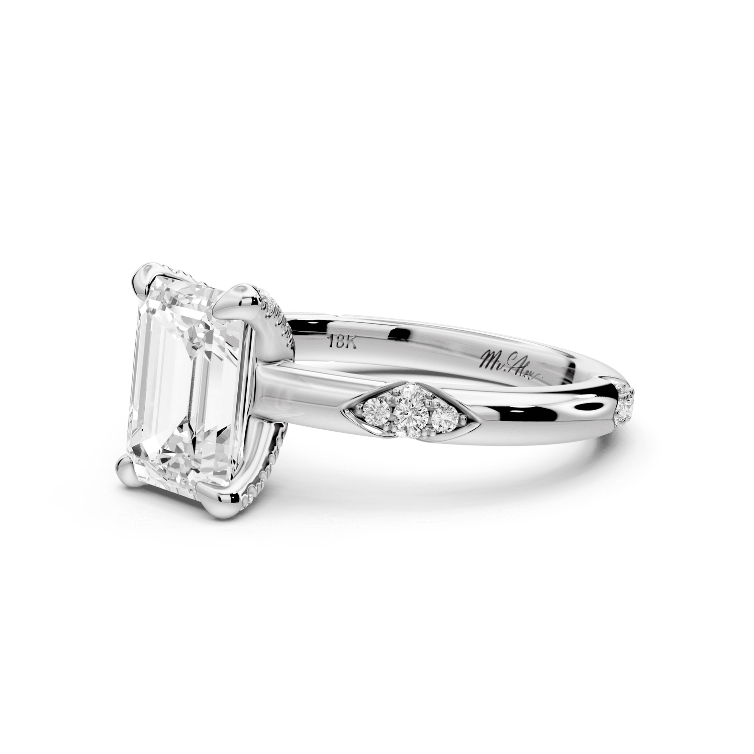 Luna - 2ct 18k white gold emerald Diamond Crown with Flush - Set Diamond Clusters Engagement Ring - Mr. Alex Jewelry