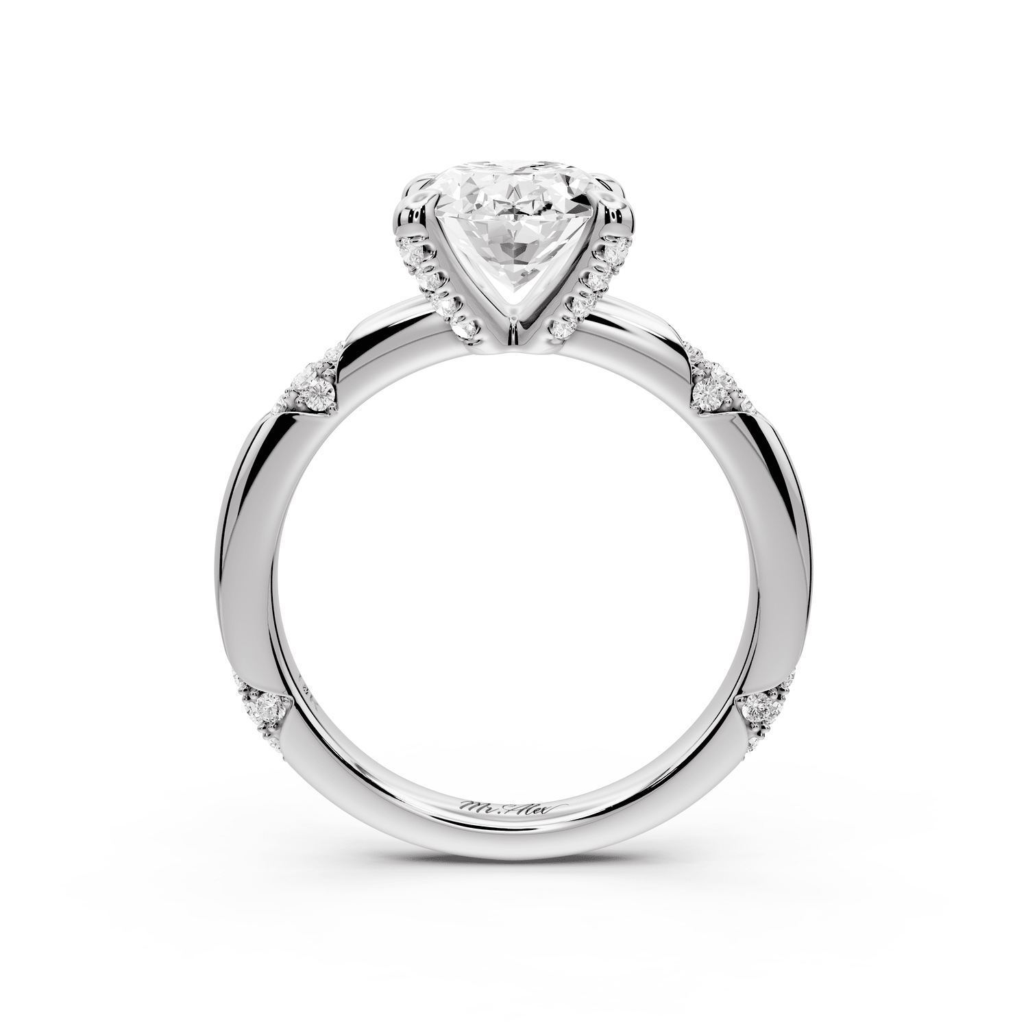 Luna - 2ct 18k white gold oval Diamond Crown with Flush - Set Diamond Clusters Engagement Ring - Mr. Alex Jewelry