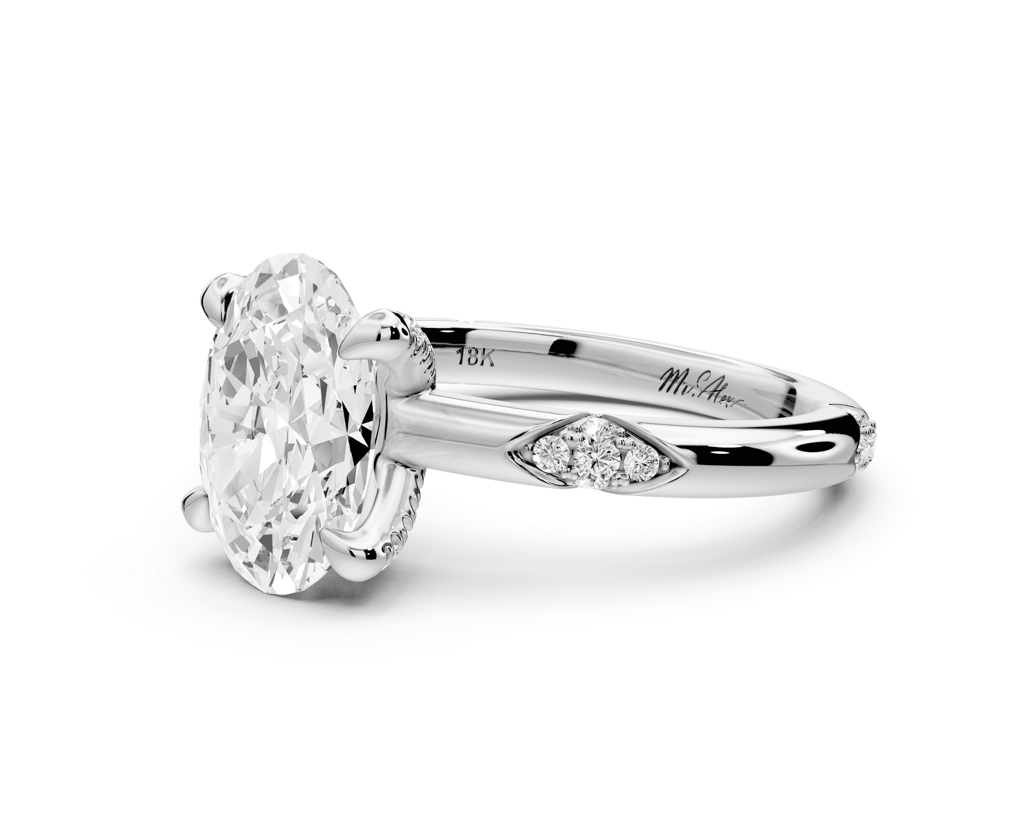 Luna - 2ct 18k white gold oval Diamond Crown with Flush - Set Diamond Clusters Engagement Ring - Mr. Alex Jewelry