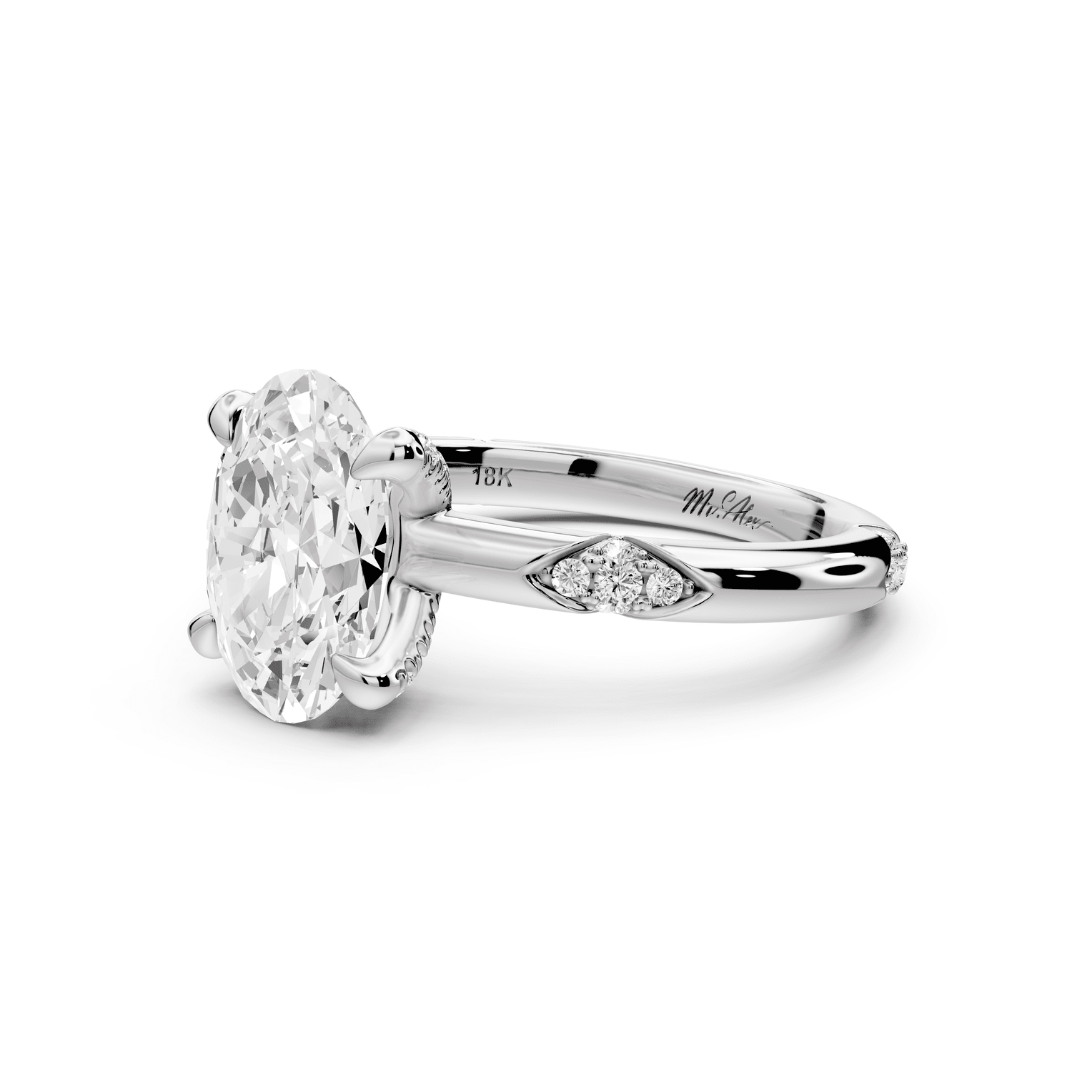 Luna - 2ct 18k white gold oval Diamond Crown with Flush - Set Diamond Clusters Engagement Ring - Mr. Alex Jewelry