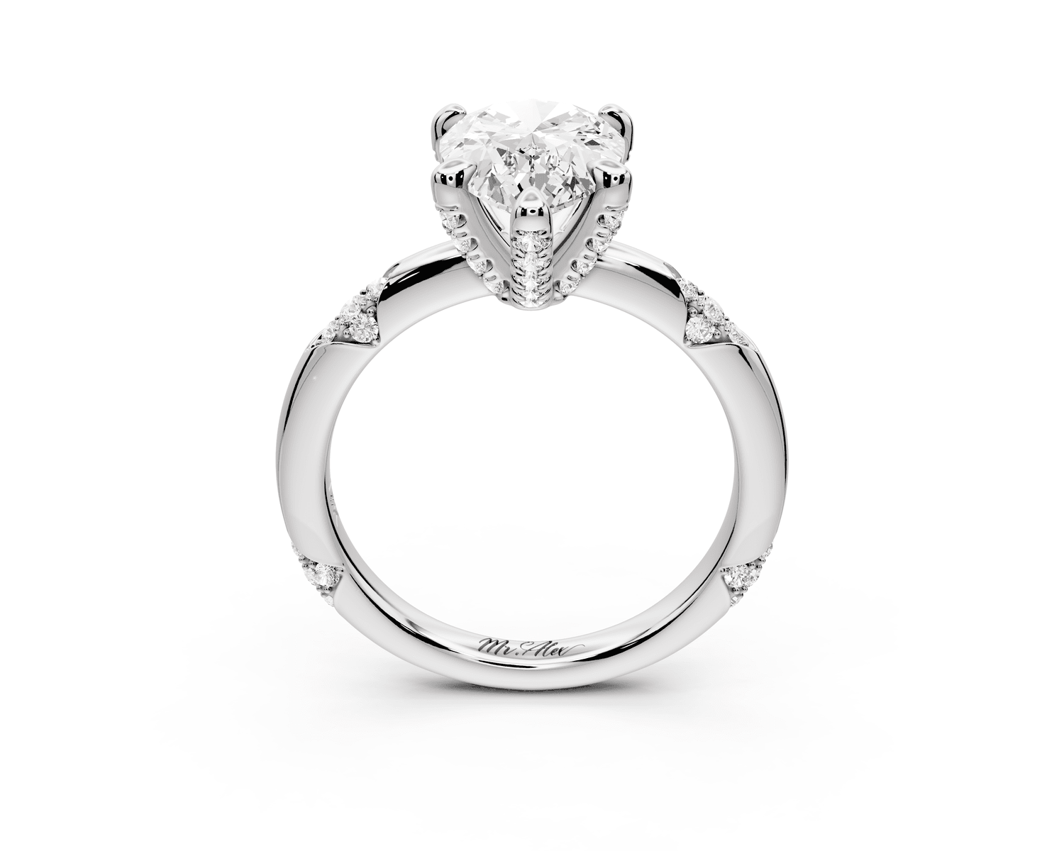 Luna - 2ct 18k white gold pear Diamond Crown with Flush - Set Diamond Clusters Engagement Ring - Mr. Alex Jewelry