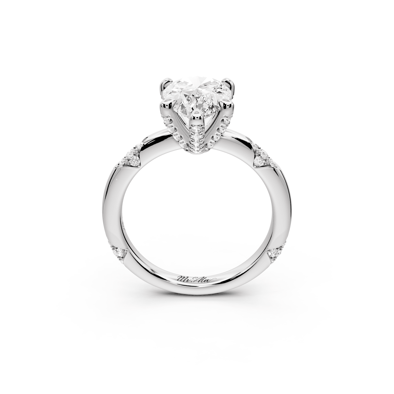 Luna - 2ct 18k white gold pear Diamond Crown with Flush - Set Diamond Clusters Engagement Ring - Mr. Alex Jewelry