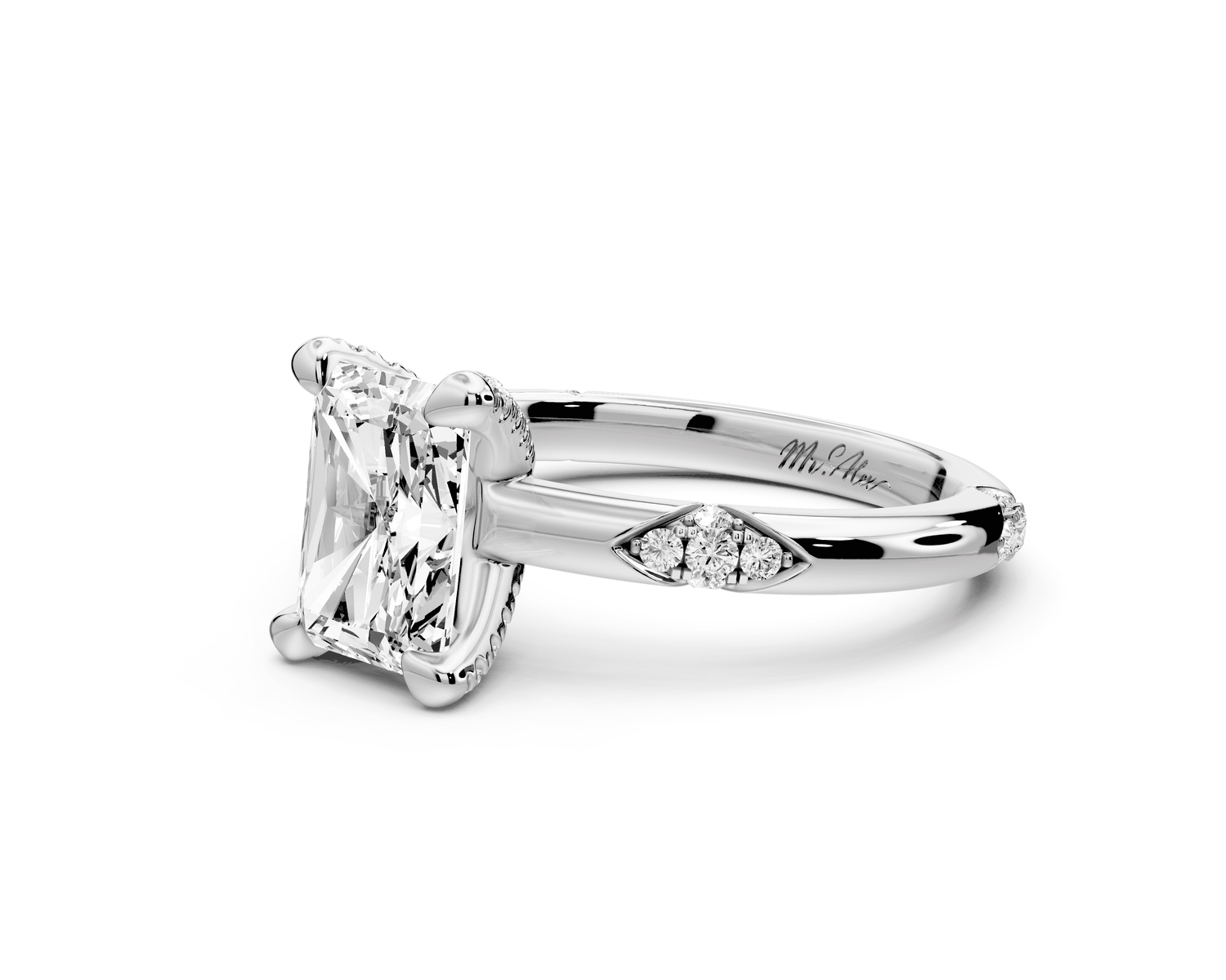 Luna - 2ct 18k white gold radiant Diamond Crown with Flush - Set Diamond Clusters Engagement Ring - Mr. Alex Jewelry