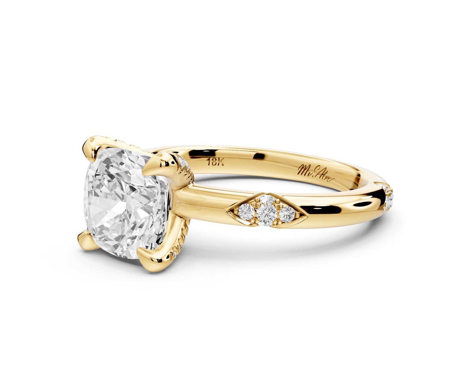 Luna - 2ct 18k yellow gold cushion Diamond Crown with Flush - Set Diamond Clusters Engagement Ring - Mr. Alex Jewelry
