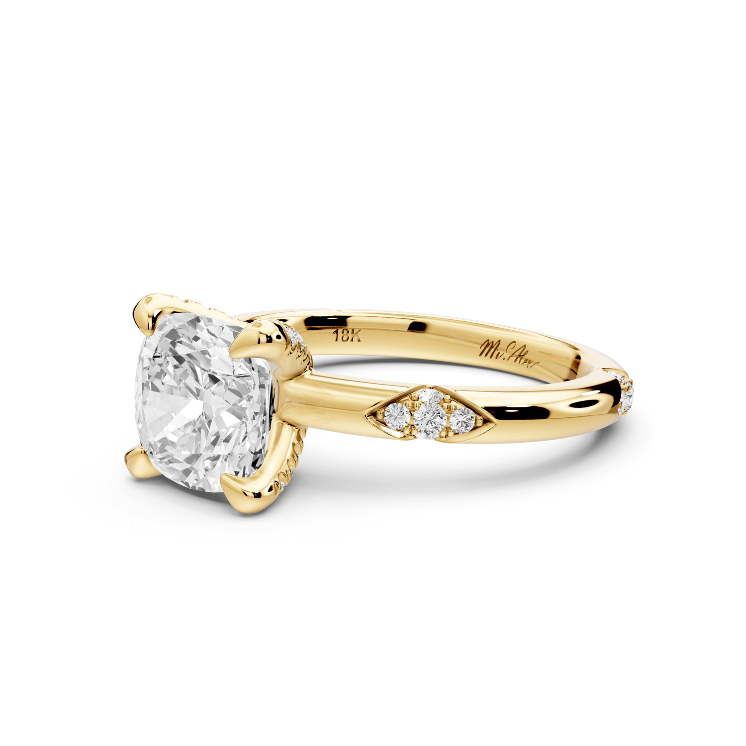 Luna - 2ct 18k yellow gold cushion Diamond Crown with Flush - Set Diamond Clusters Engagement Ring - Mr. Alex Jewelry