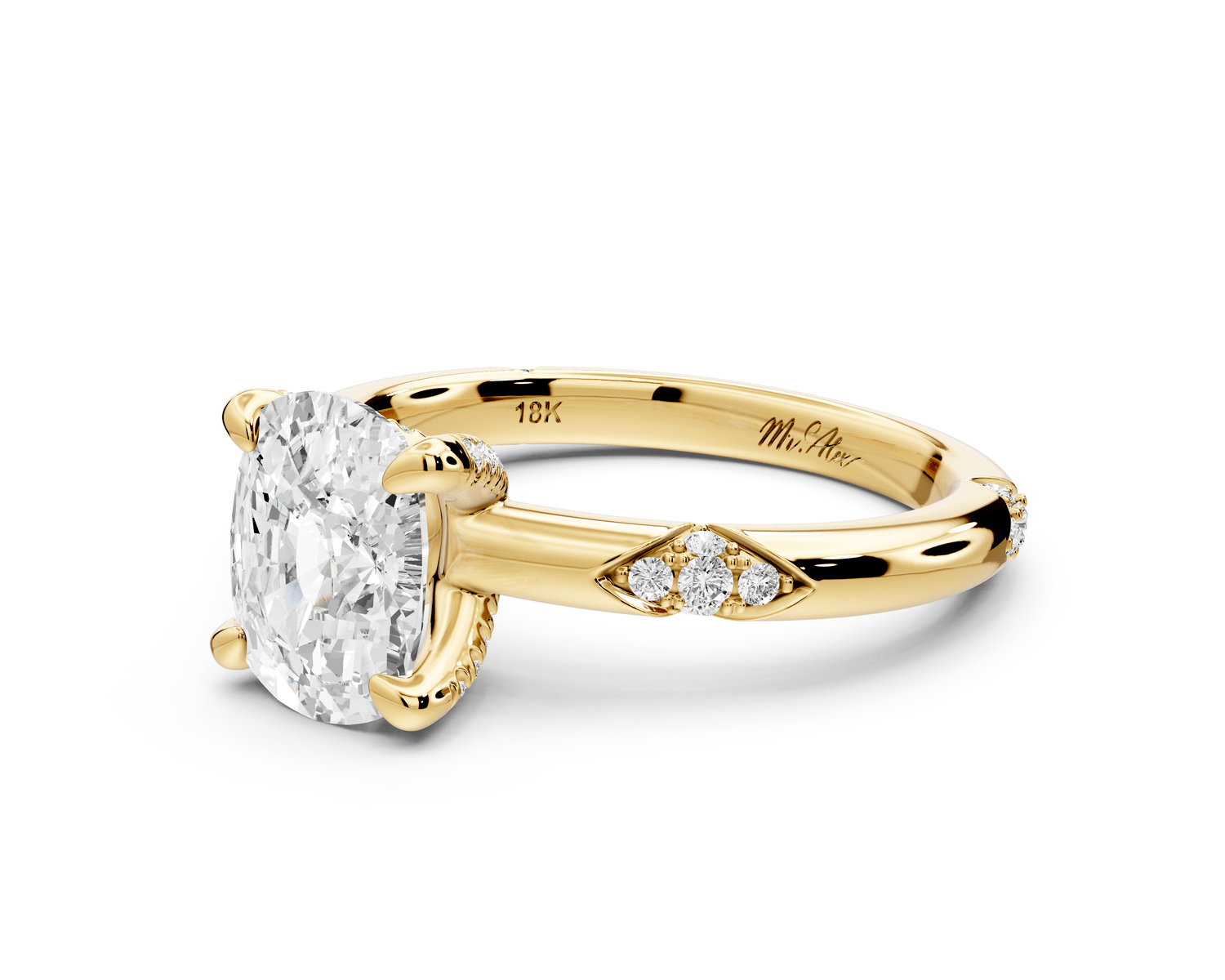 Luna - 2ct 18k yellow gold ecushion Diamond Crown with Flush - Set Diamond Clusters Engagement Ring - Mr. Alex Jewelry