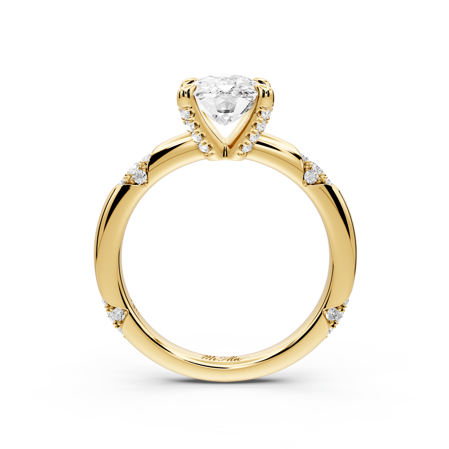 Luna - 2ct 18k yellow gold ecushion Diamond Crown with Flush - Set Diamond Clusters Engagement Ring - Mr. Alex Jewelry