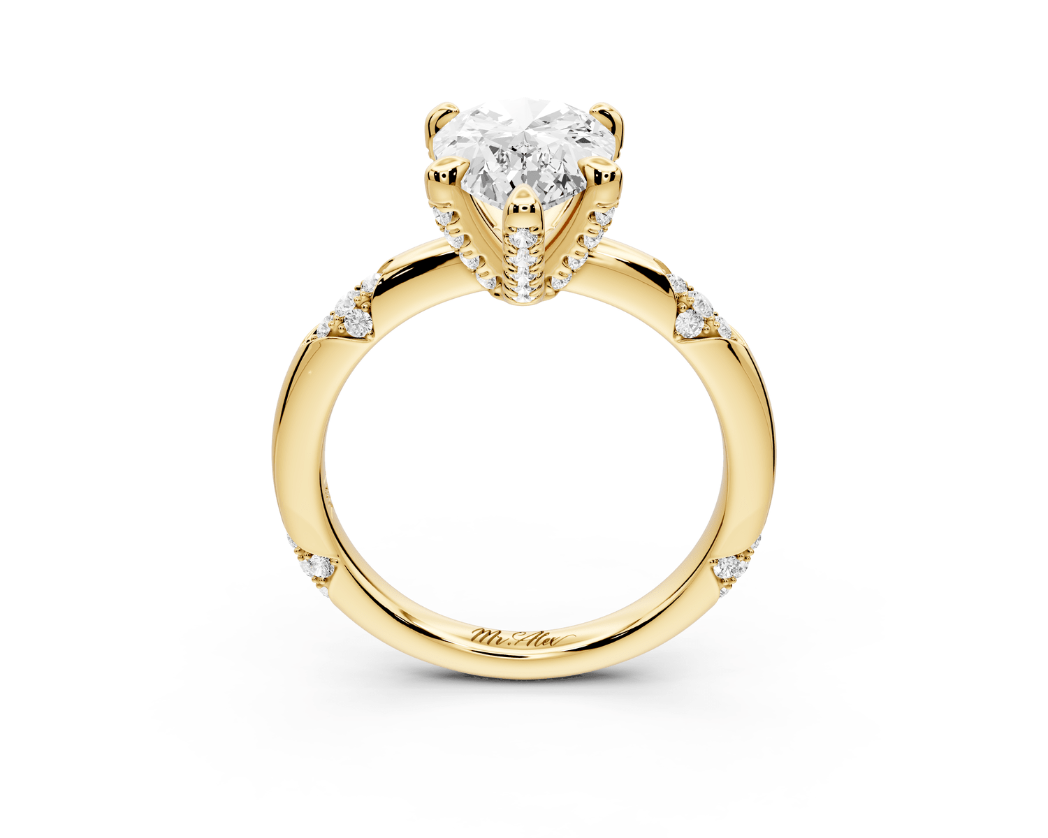 Luna - 2ct 18k yellow gold pear Diamond Crown with Flush - Set Diamond Clusters Engagement Ring - Mr. Alex Jewelry