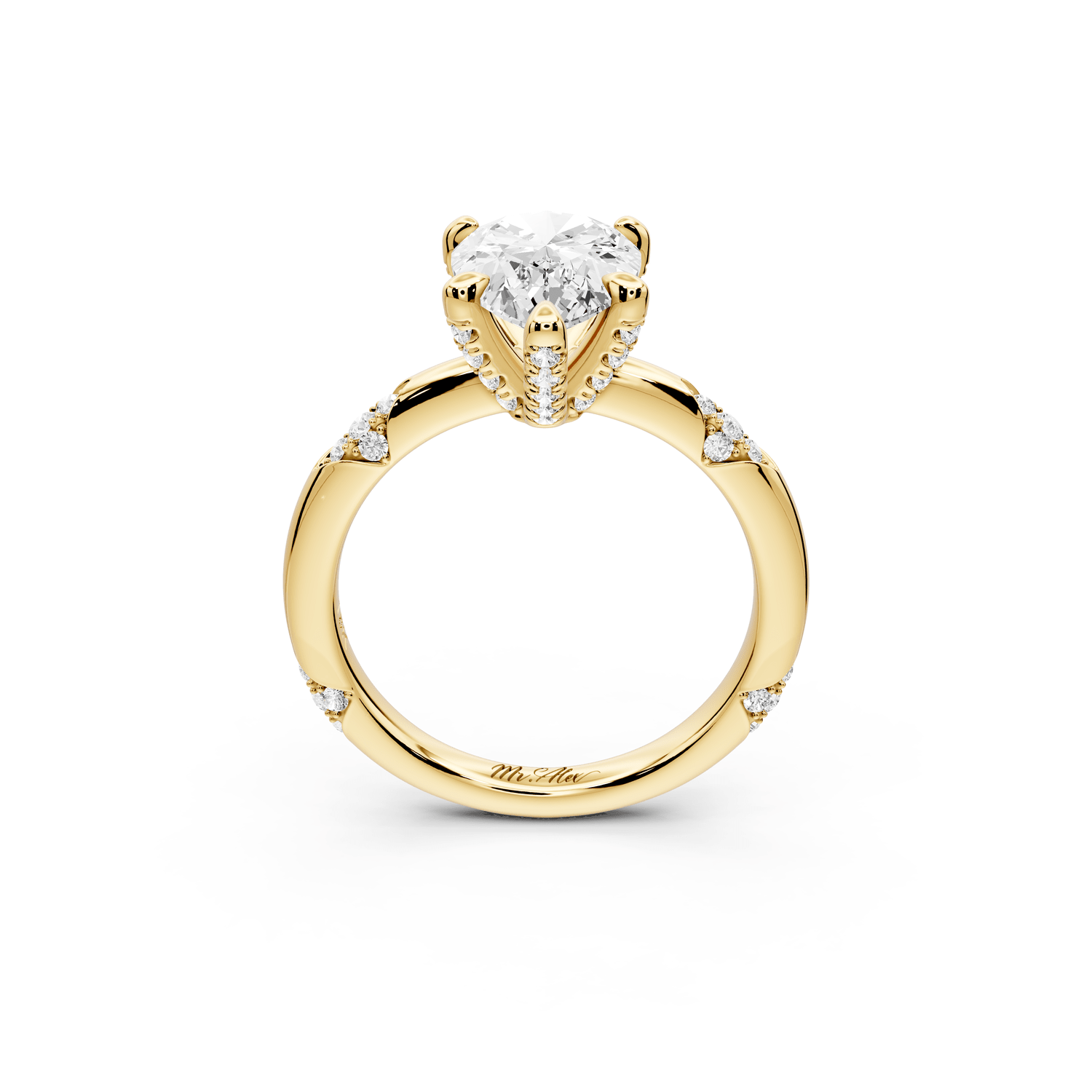 Luna - 2ct 18k yellow gold pear Diamond Crown with Flush - Set Diamond Clusters Engagement Ring - Mr. Alex Jewelry