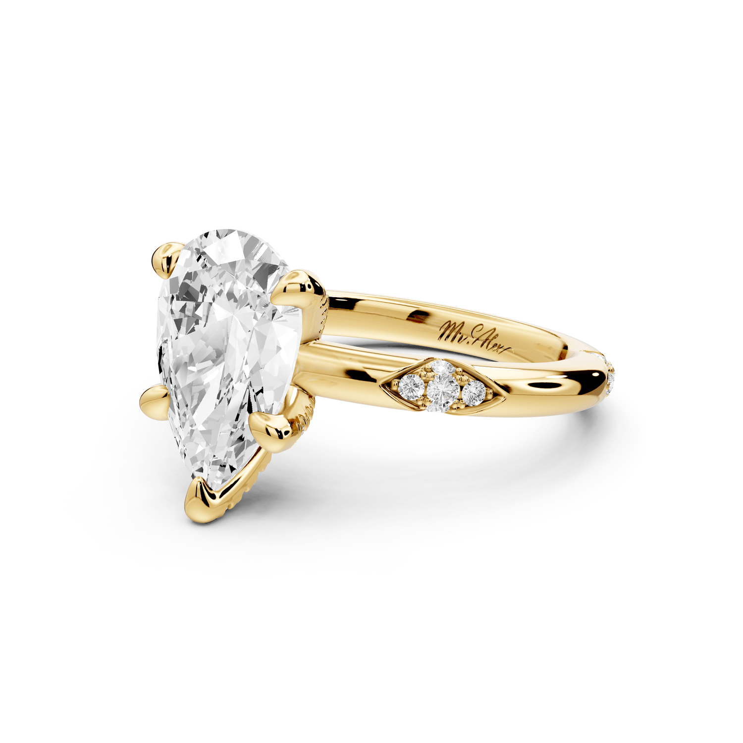 Luna - 2ct 18k yellow gold pear Diamond Crown with Flush - Set Diamond Clusters Engagement Ring - Mr. Alex Jewelry