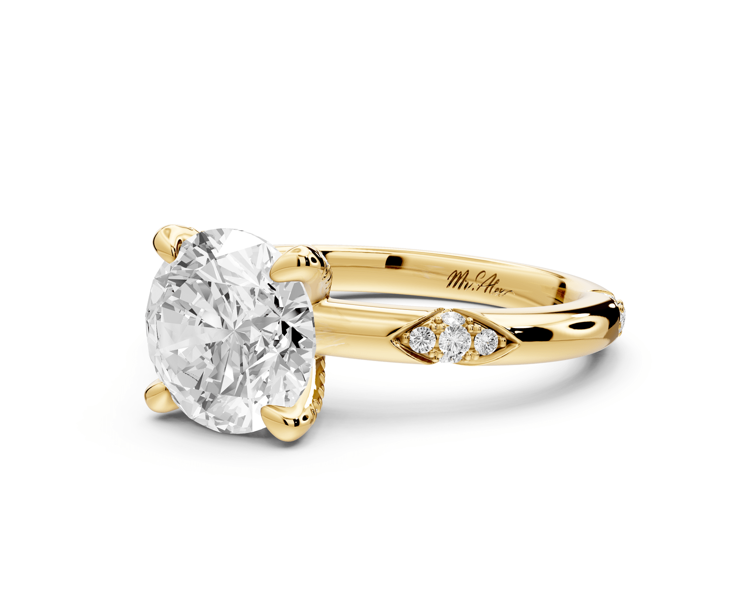 Luna - 2ct 18k yellow gold round Diamond Crown with Flush - Set Diamond Clusters Engagement Ring - Mr. Alex Jewelry