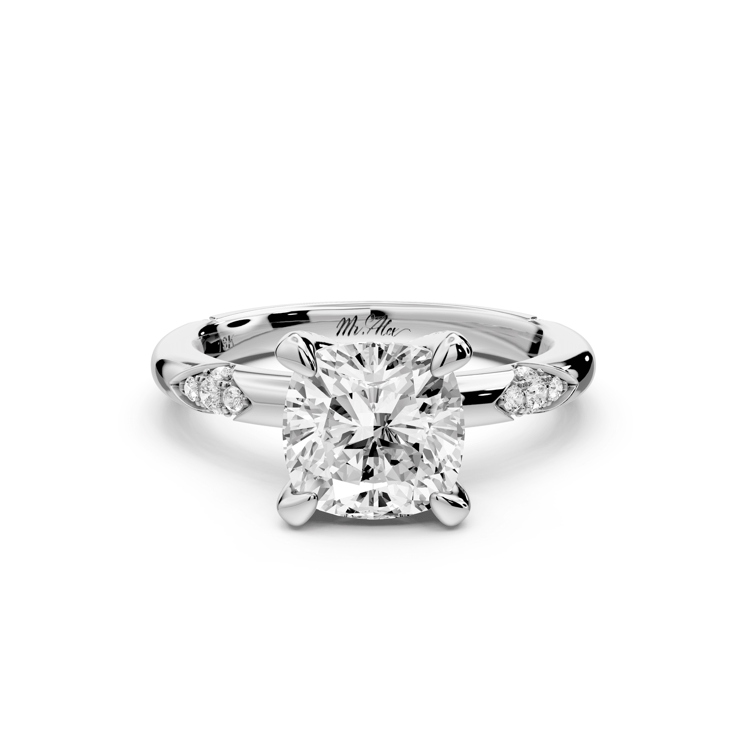 Luna - 2ct platinum cushion Diamond Crown with Flush - Set Diamond Clusters Engagement Ring - Mr. Alex Jewelry