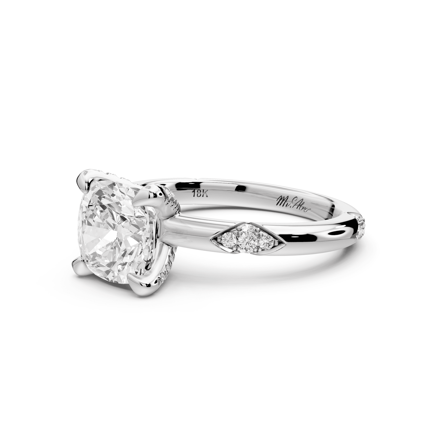 Luna - 2ct platinum cushion Diamond Crown with Flush - Set Diamond Clusters Engagement Ring - Mr. Alex Jewelry