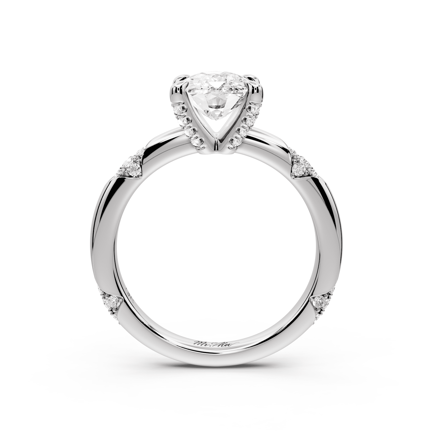 Luna - 2ct platinum ecushion Diamond Crown with Flush - Set Diamond Clusters Engagement Ring - Mr. Alex Jewelry