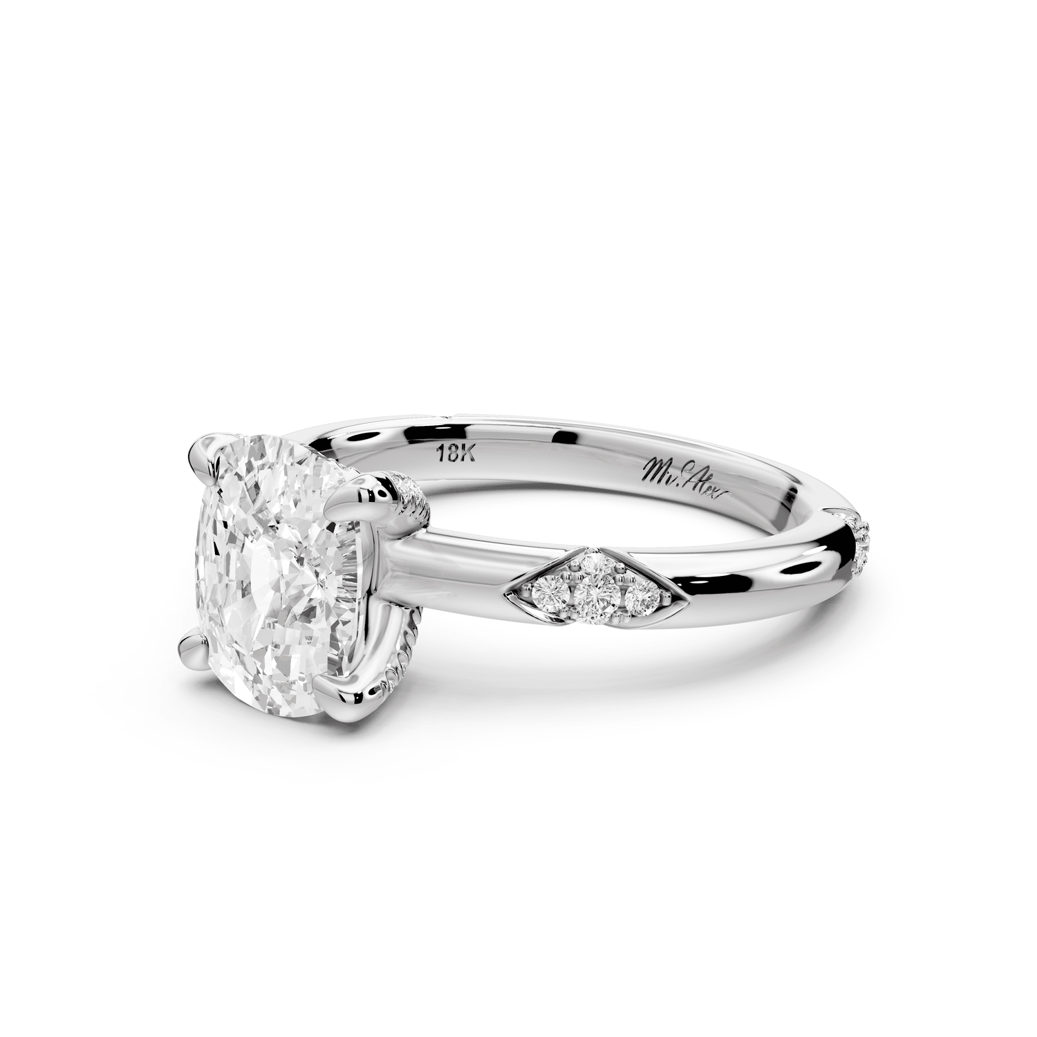 Luna - 2ct platinum ecushion Diamond Crown with Flush - Set Diamond Clusters Engagement Ring - Mr. Alex Jewelry