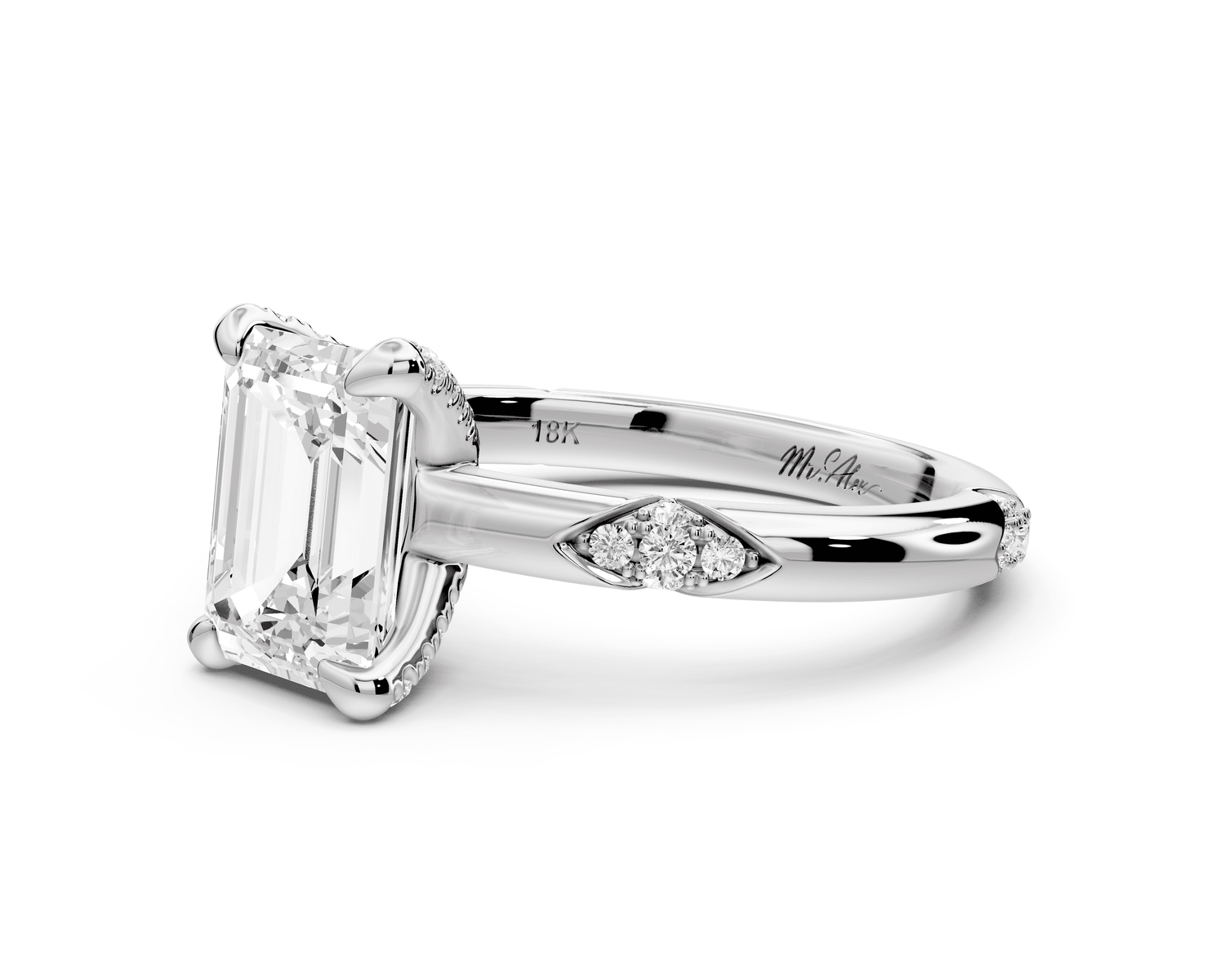 Luna - 2ct platinum emerald Diamond Crown with Flush - Set Diamond Clusters Engagement Ring - Mr. Alex Jewelry