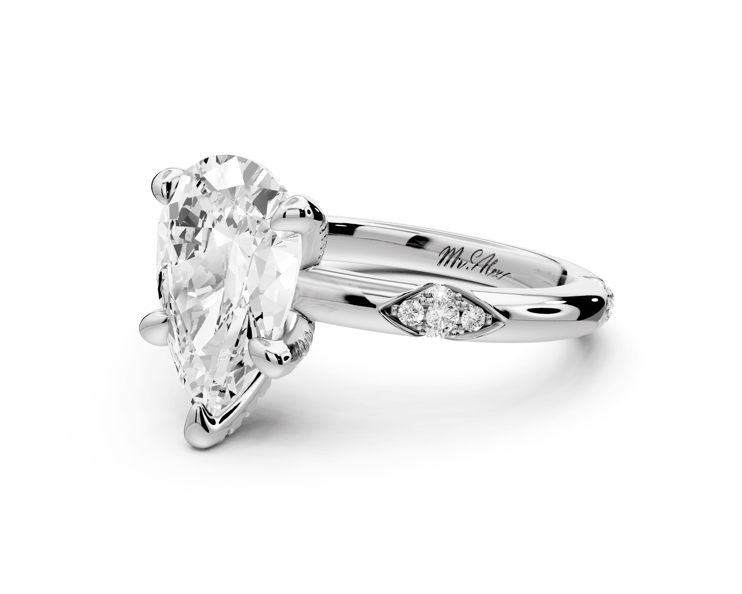 Luna - 2ct platinum pear Diamond Crown with Flush - Set Diamond Clusters Engagement Ring - Mr. Alex Jewelry