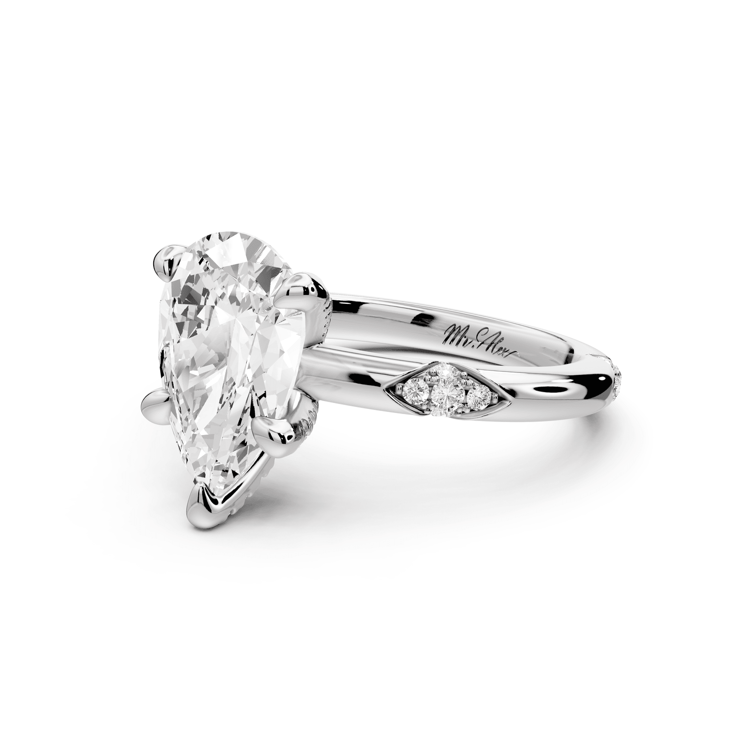 Luna - 2ct platinum pear Diamond Crown with Flush - Set Diamond Clusters Engagement Ring - Mr. Alex Jewelry
