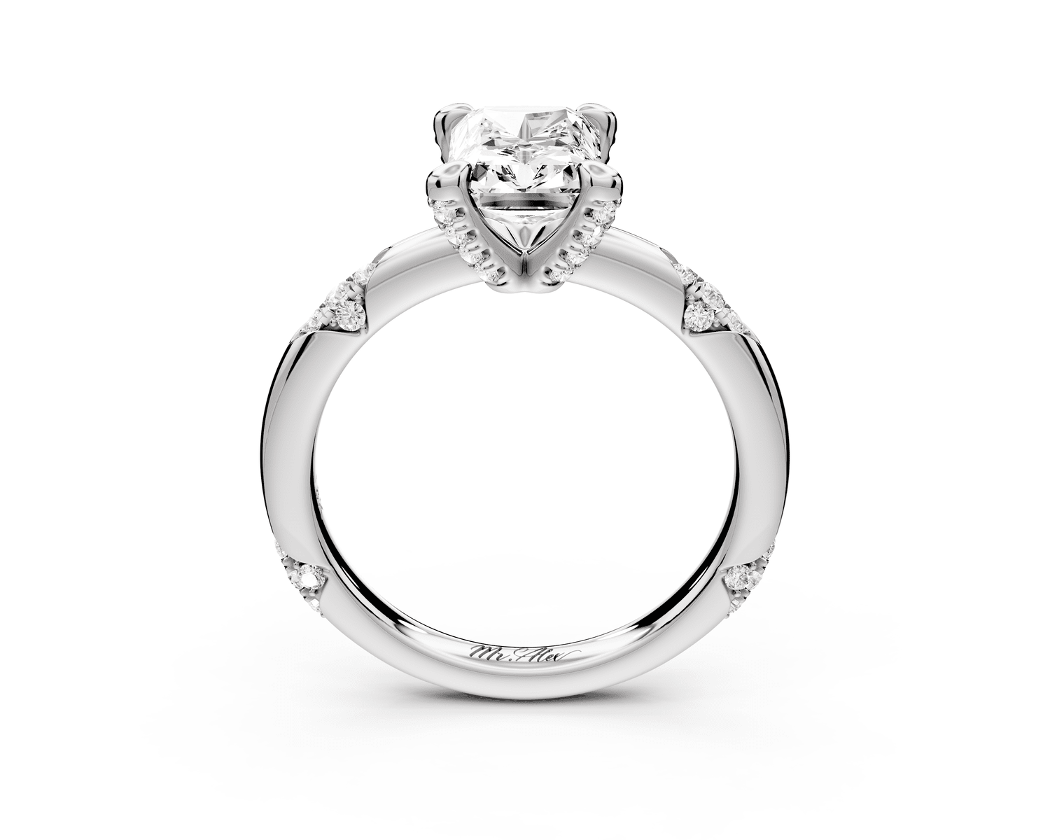 Luna - 2ct platinum radiant Diamond Crown with Flush - Set Diamond Clusters Engagement Ring - Mr. Alex Jewelry