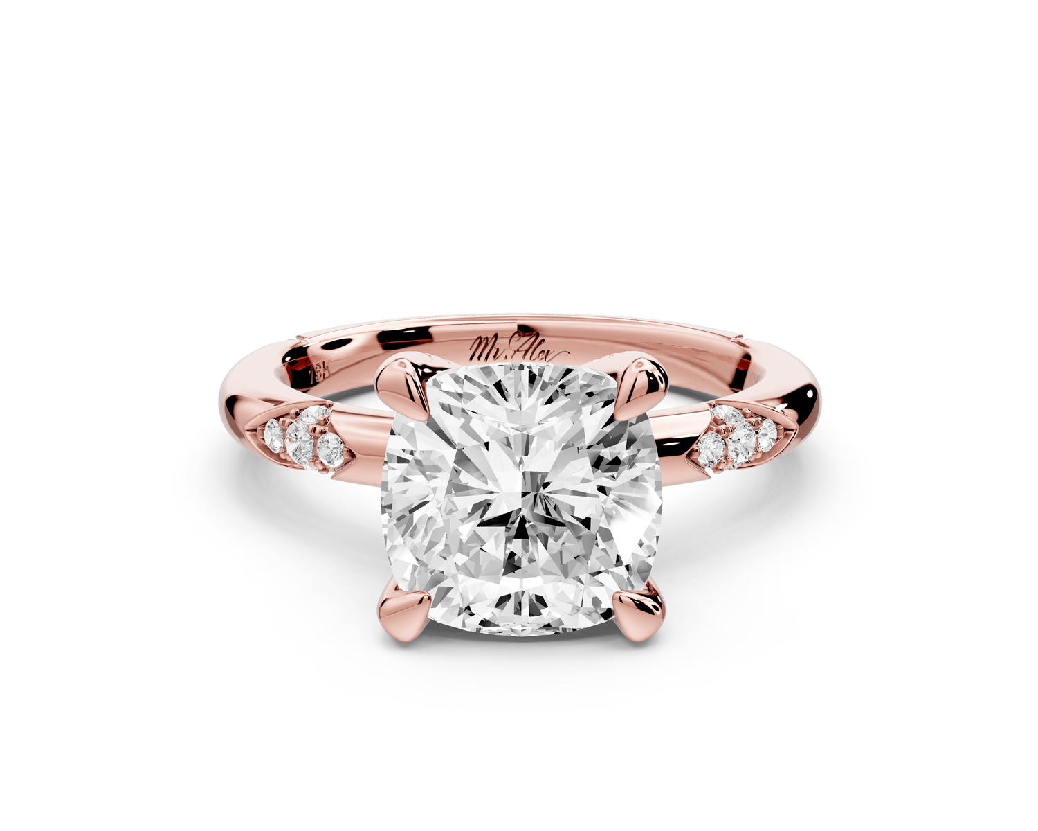 Luna - 3ct 14k rose gold cushion Diamond Crown with Flush - Set Diamond Clusters Engagement Ring - Mr. Alex Jewelry
