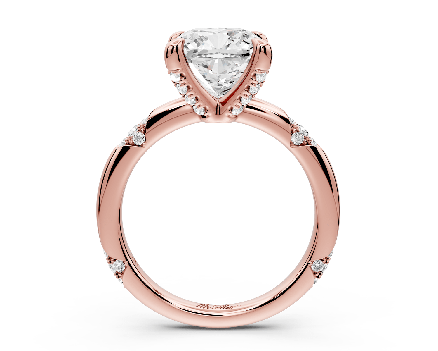 Luna - 3ct 14k rose gold cushion Diamond Crown with Flush - Set Diamond Clusters Engagement Ring - Mr. Alex Jewelry