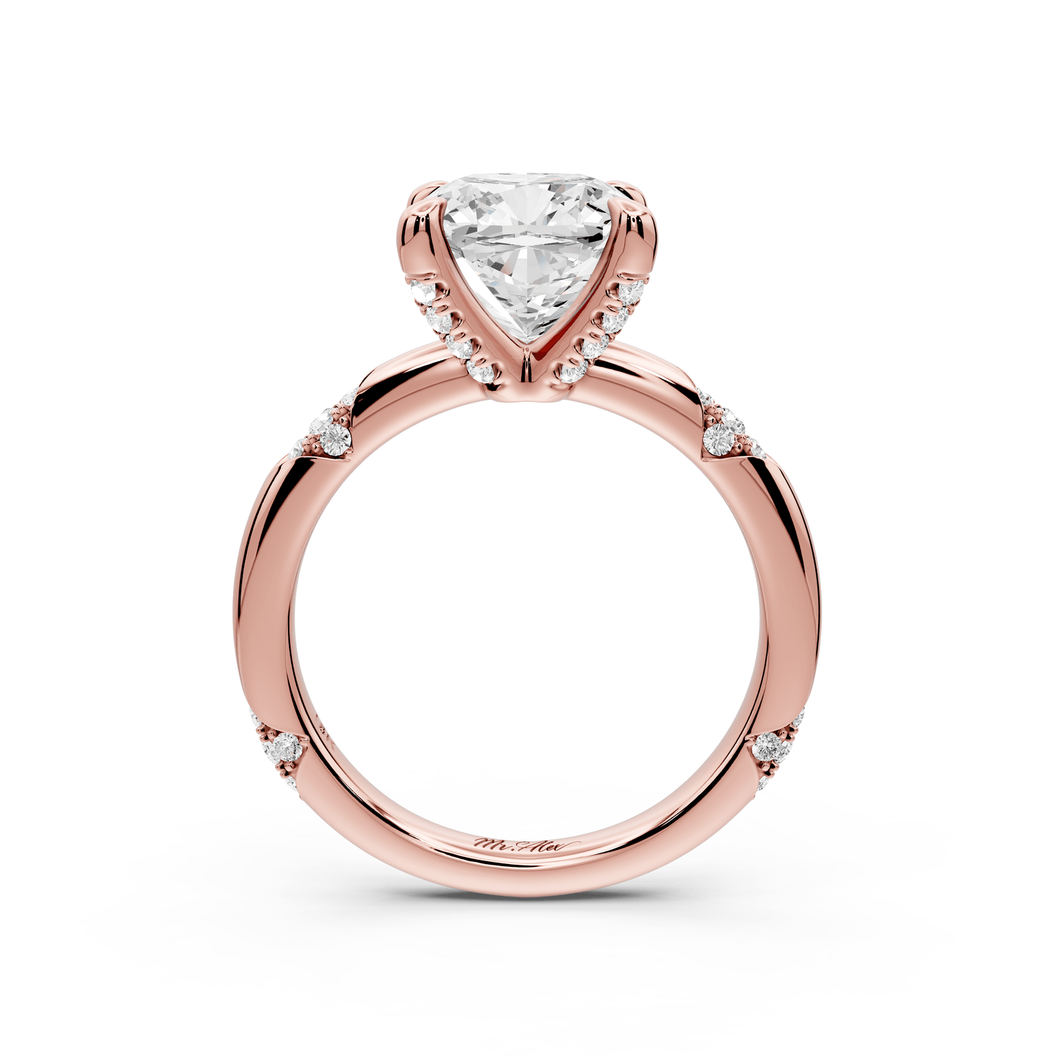 Luna - 3ct 14k rose gold cushion Diamond Crown with Flush - Set Diamond Clusters Engagement Ring - Mr. Alex Jewelry
