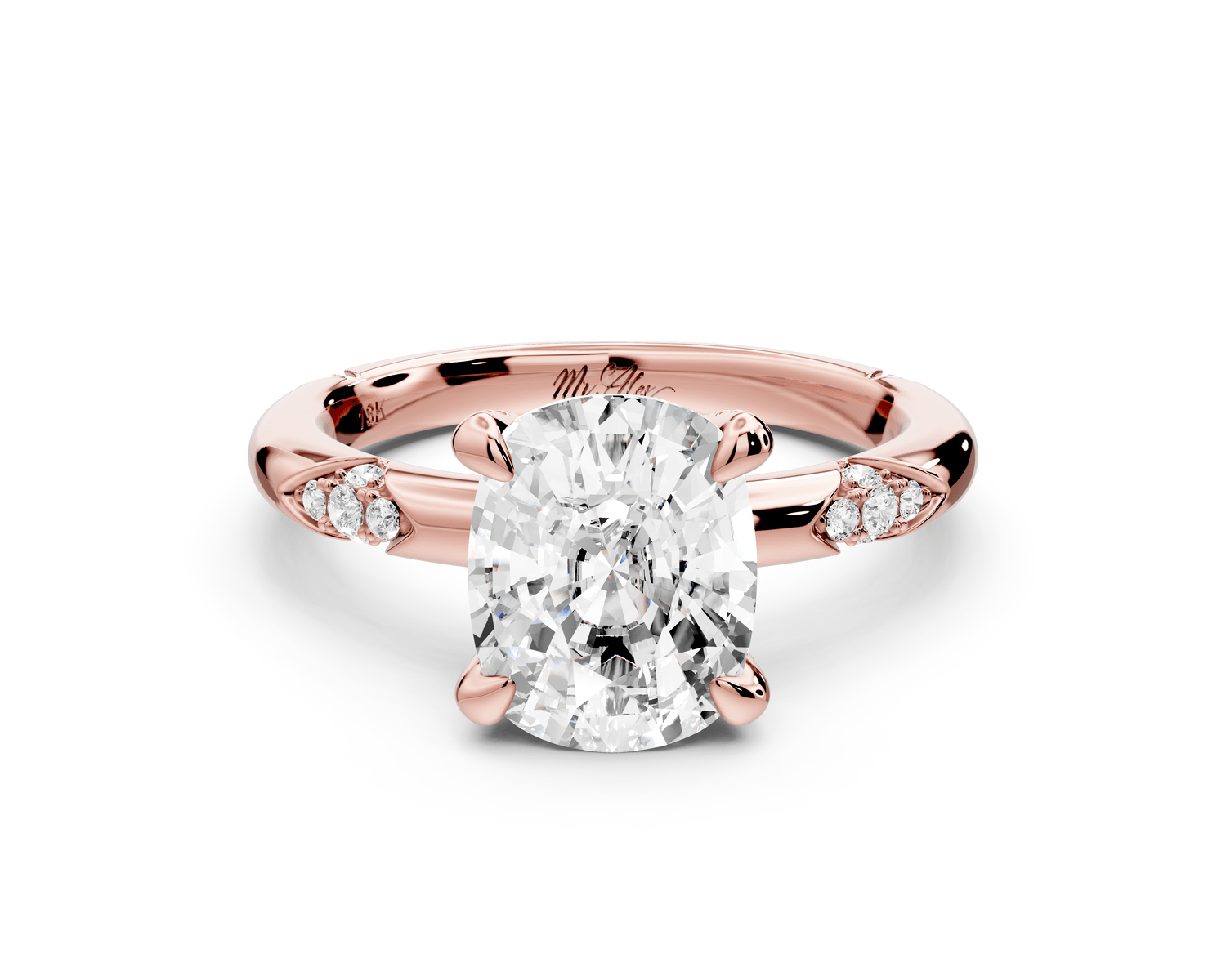 Luna - 3ct 14k rose gold ecushion Diamond Crown with Flush - Set Diamond Clusters Engagement Ring - Mr. Alex Jewelry