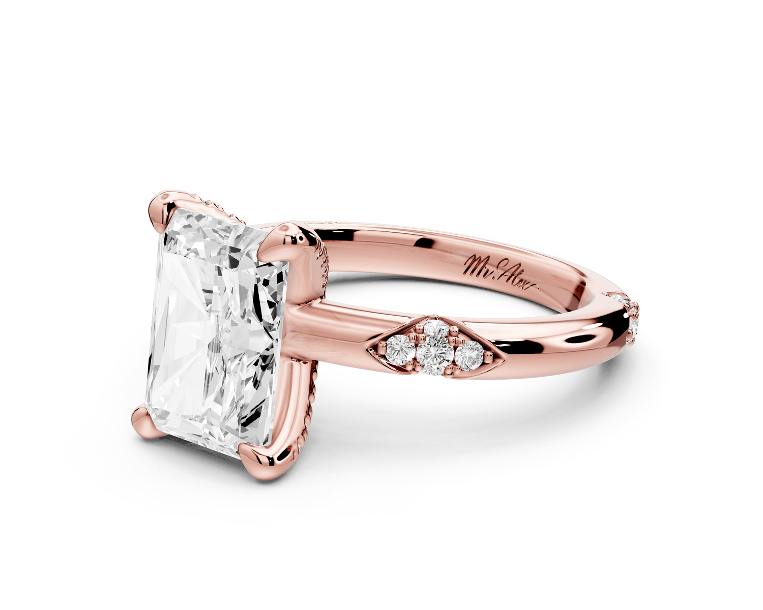 Luna - 3ct 14k rose gold radiant Diamond Crown with Flush - Set Diamond Clusters Engagement Ring - Mr. Alex Jewelry