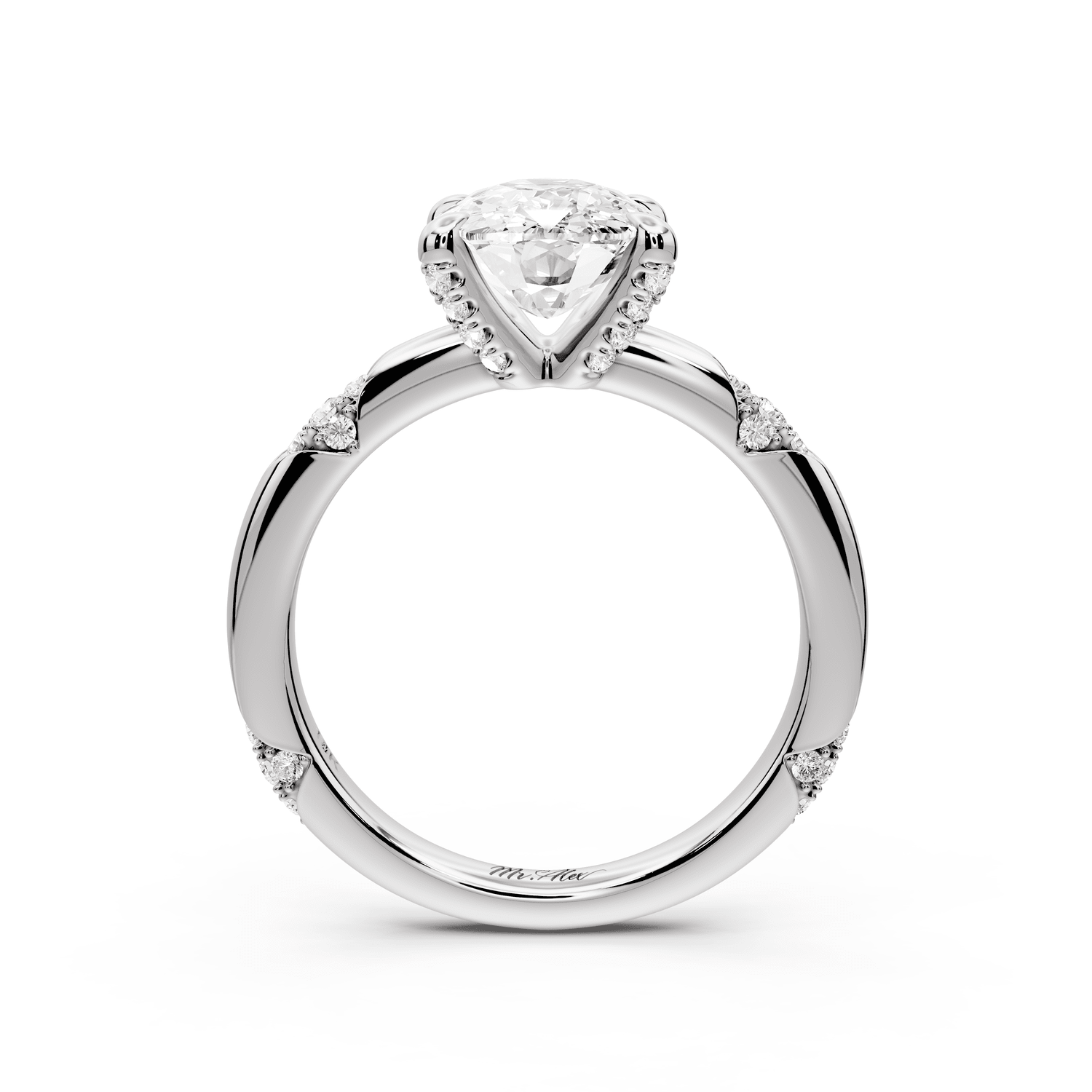 Luna - 3ct 14k white gold ecushion Diamond Crown with Flush - Set Diamond Clusters Engagement Ring - Mr. Alex Jewelry