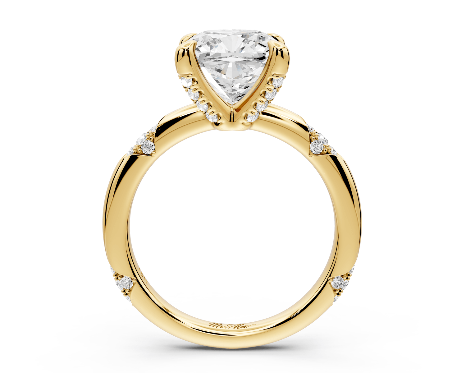 Luna - 3ct 14k yellow gold cushion Diamond Crown with Flush - Set Diamond Clusters Engagement Ring - Mr. Alex Jewelry
