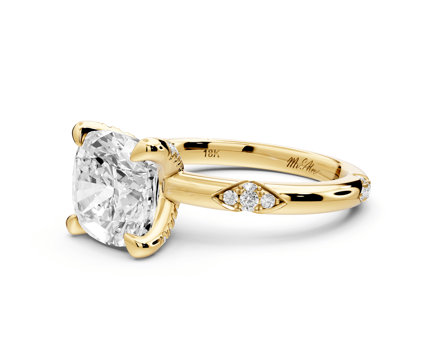 Luna - 3ct 14k yellow gold cushion Diamond Crown with Flush - Set Diamond Clusters Engagement Ring - Mr. Alex Jewelry