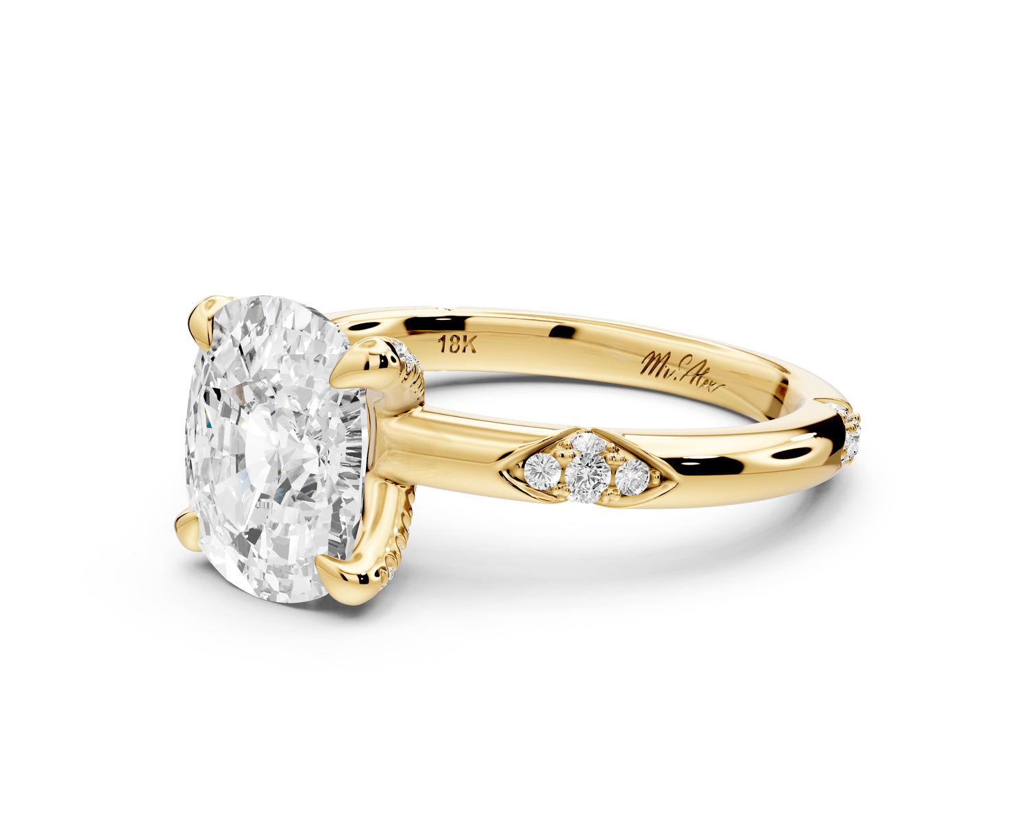 Luna - 3ct 14k yellow gold ecushion Diamond Crown with Flush - Set Diamond Clusters Engagement Ring - Mr. Alex Jewelry