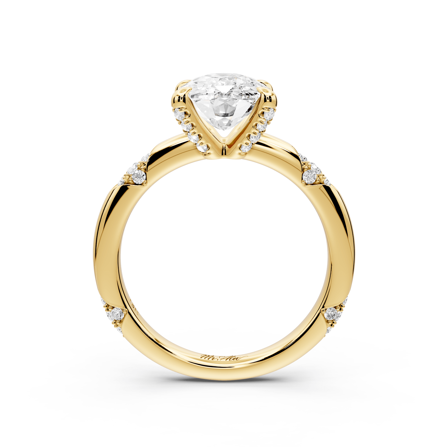 Luna - 3ct 14k yellow gold ecushion Diamond Crown with Flush - Set Diamond Clusters Engagement Ring - Mr. Alex Jewelry