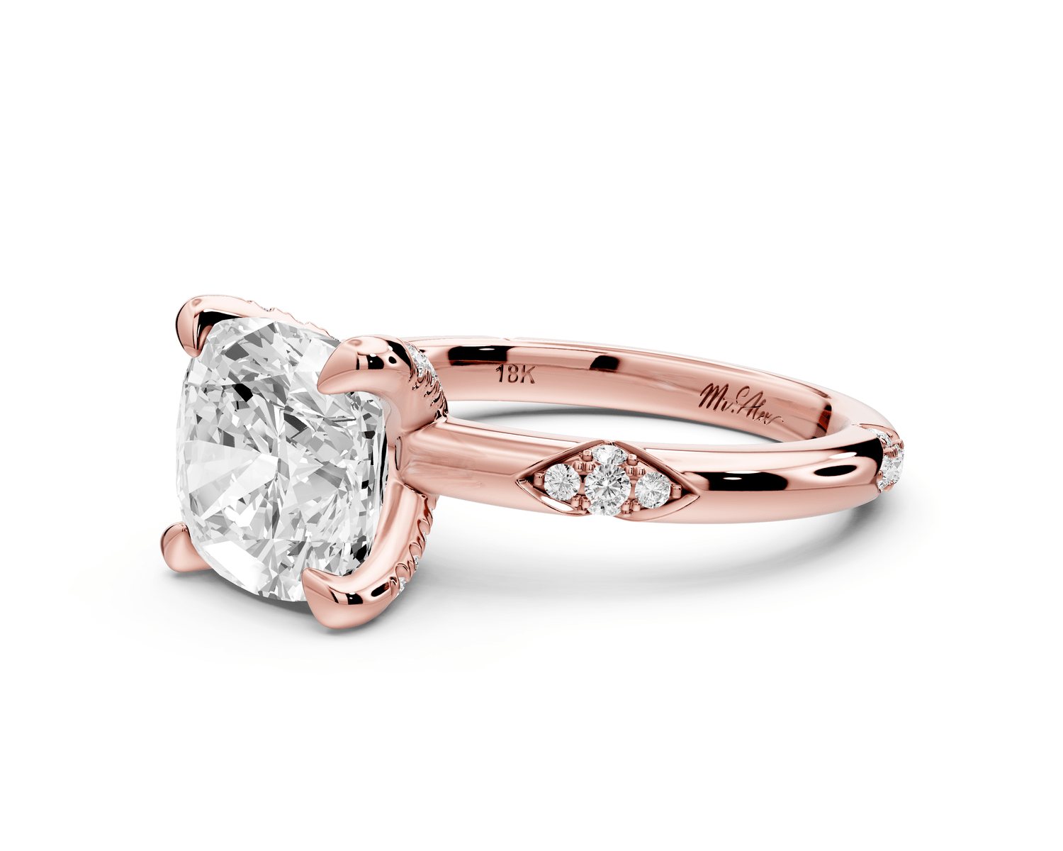 Luna - 3ct 18k rose gold cushion Diamond Crown with Flush - Set Diamond Clusters Engagement Ring - Mr. Alex Jewelry