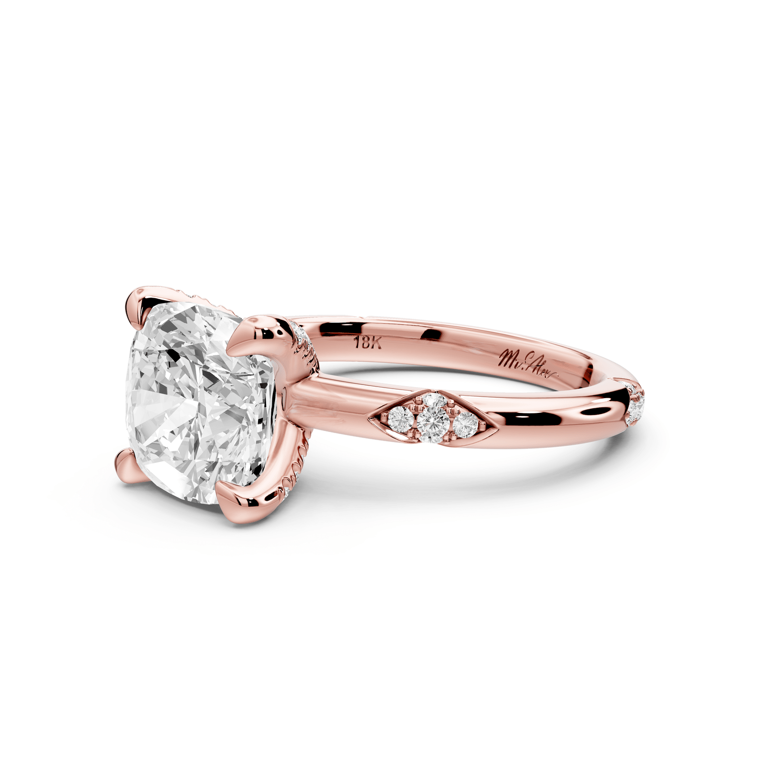 Luna - 3ct 18k rose gold cushion Diamond Crown with Flush - Set Diamond Clusters Engagement Ring - Mr. Alex Jewelry