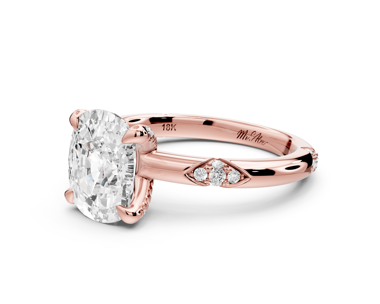 Luna - 3ct 18k rose gold ecushion Diamond Crown with Flush - Set Diamond Clusters Engagement Ring - Mr. Alex Jewelry