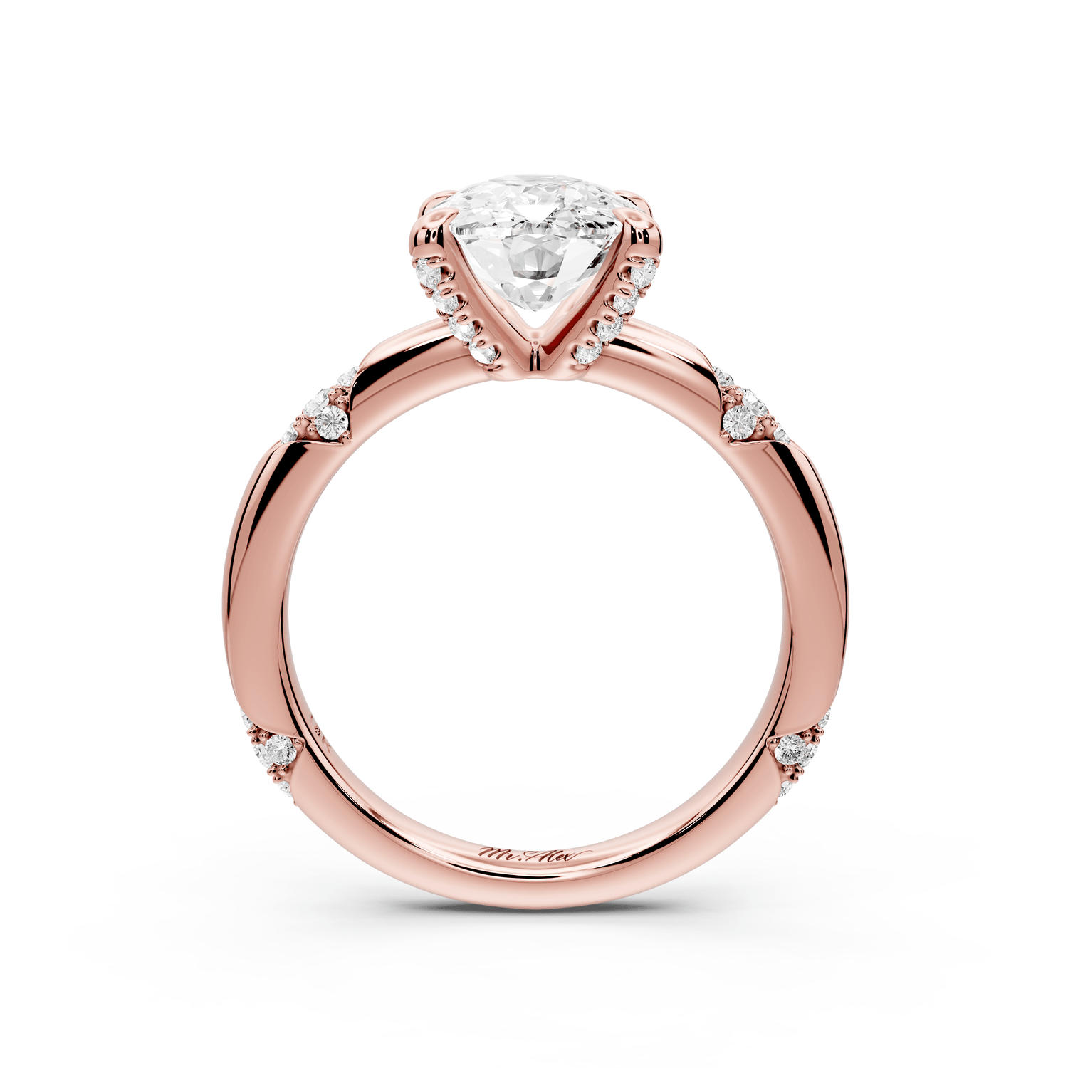 Luna - 3ct 18k rose gold ecushion Diamond Crown with Flush - Set Diamond Clusters Engagement Ring - Mr. Alex Jewelry