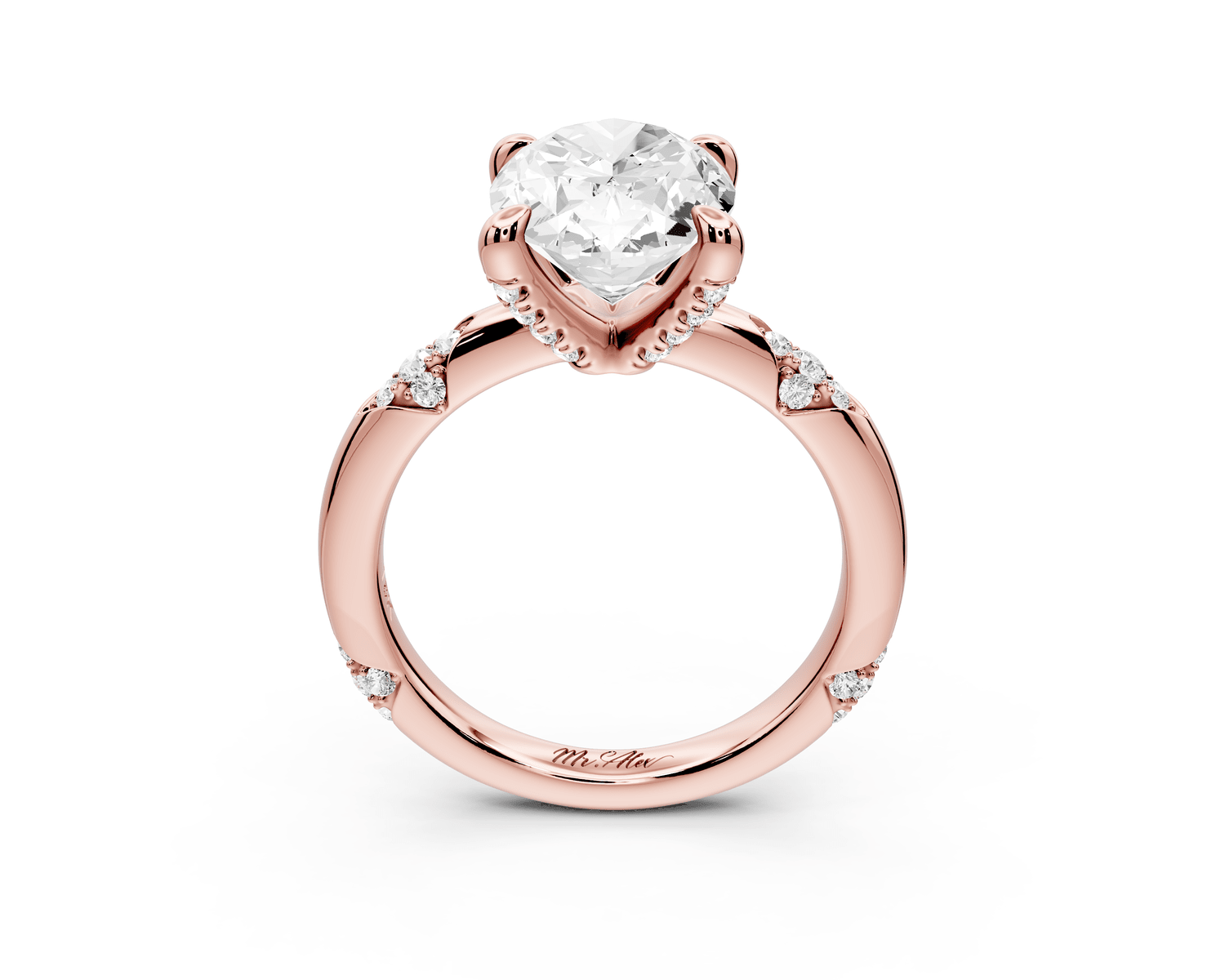Luna - 3ct 18k rose gold oval Diamond Crown with Flush - Set Diamond Clusters Engagement Ring - Mr. Alex Jewelry