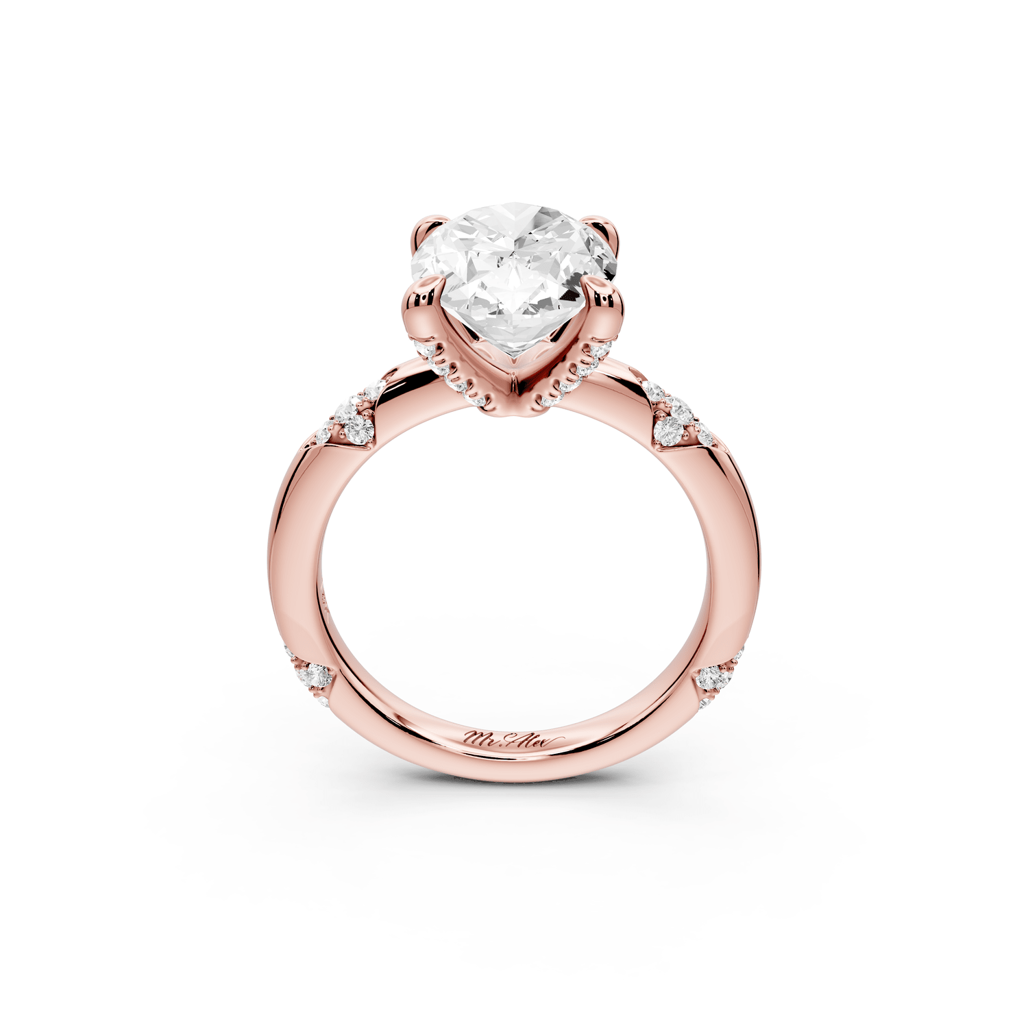 Luna - 3ct 18k rose gold oval Diamond Crown with Flush - Set Diamond Clusters Engagement Ring - Mr. Alex Jewelry