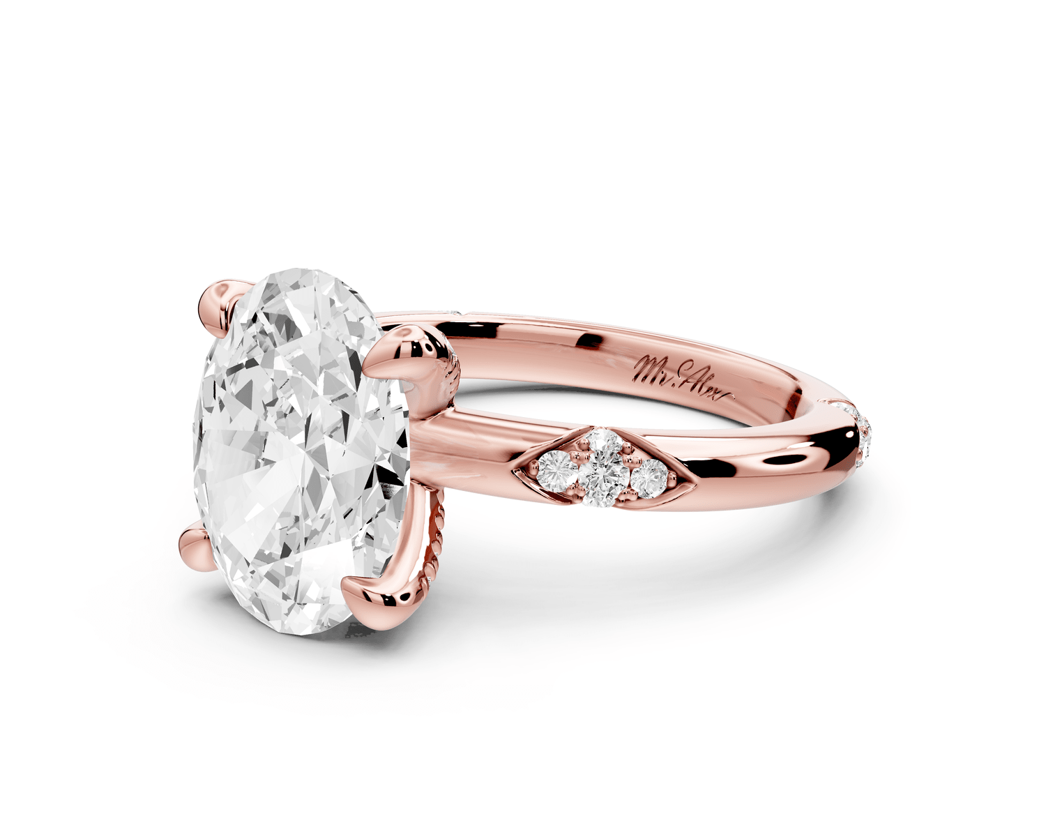 Luna - 3ct 18k rose gold oval Diamond Crown with Flush - Set Diamond Clusters Engagement Ring - Mr. Alex Jewelry