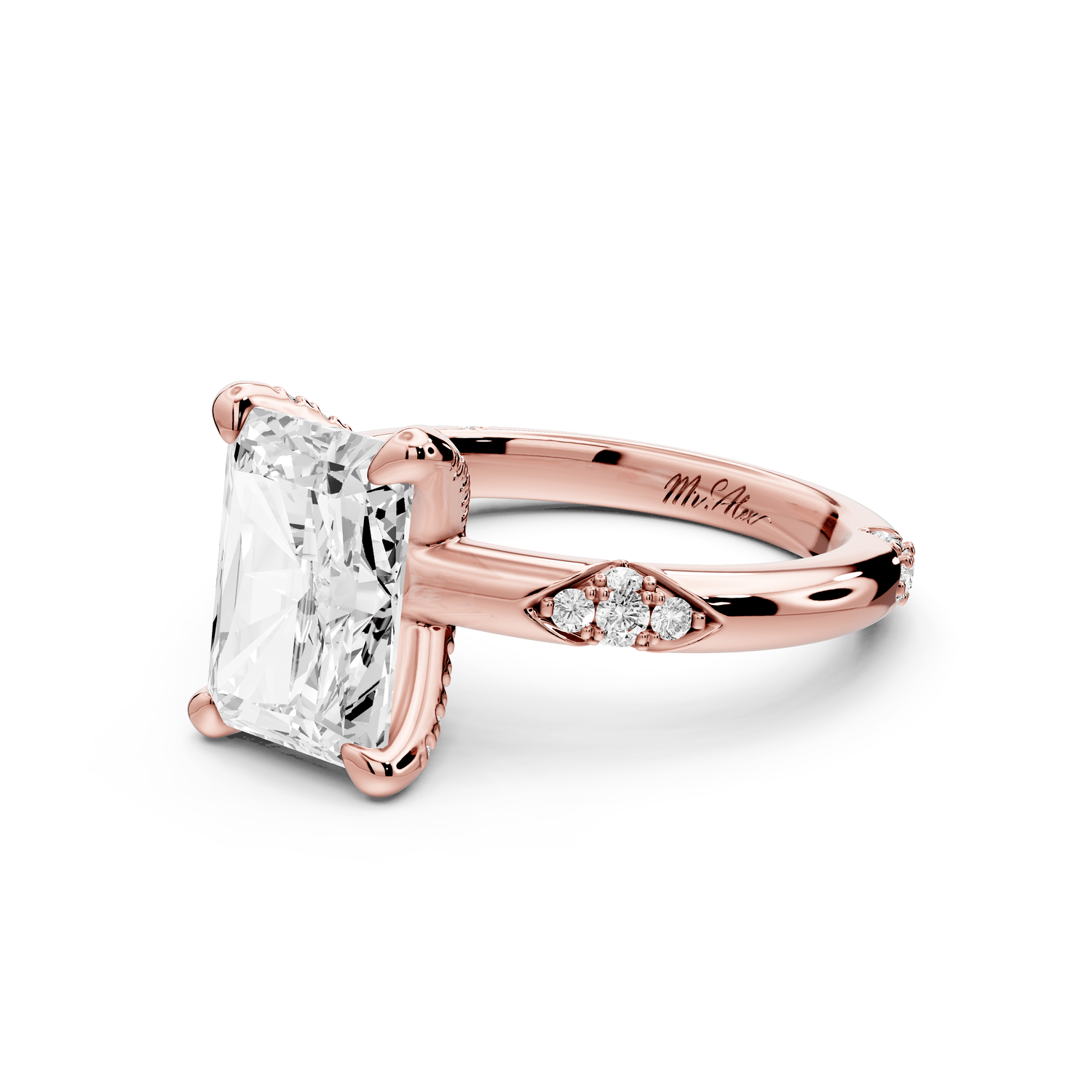 Luna - 3ct 18k rose gold radiant Diamond Crown with Flush - Set Diamond Clusters Engagement Ring - Mr. Alex Jewelry