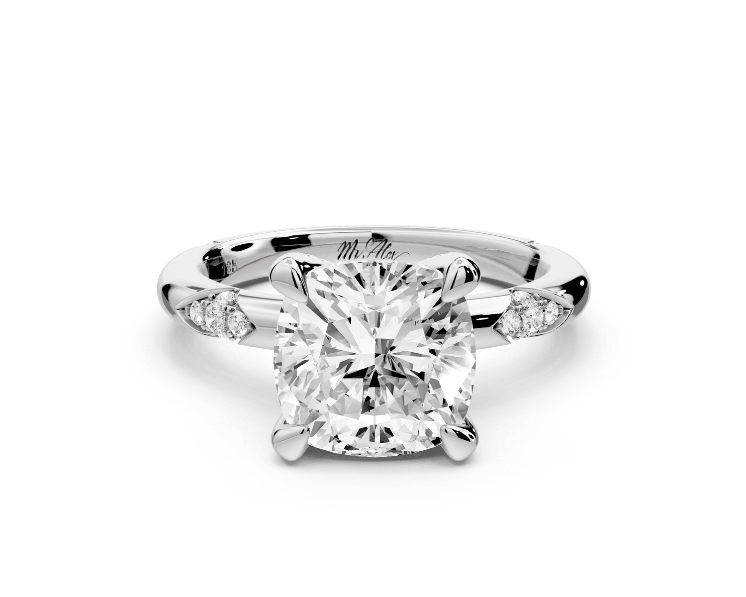 Luna - 3ct 18k white gold cushion Diamond Crown with Flush - Set Diamond Clusters Engagement Ring - Mr. Alex Jewelry