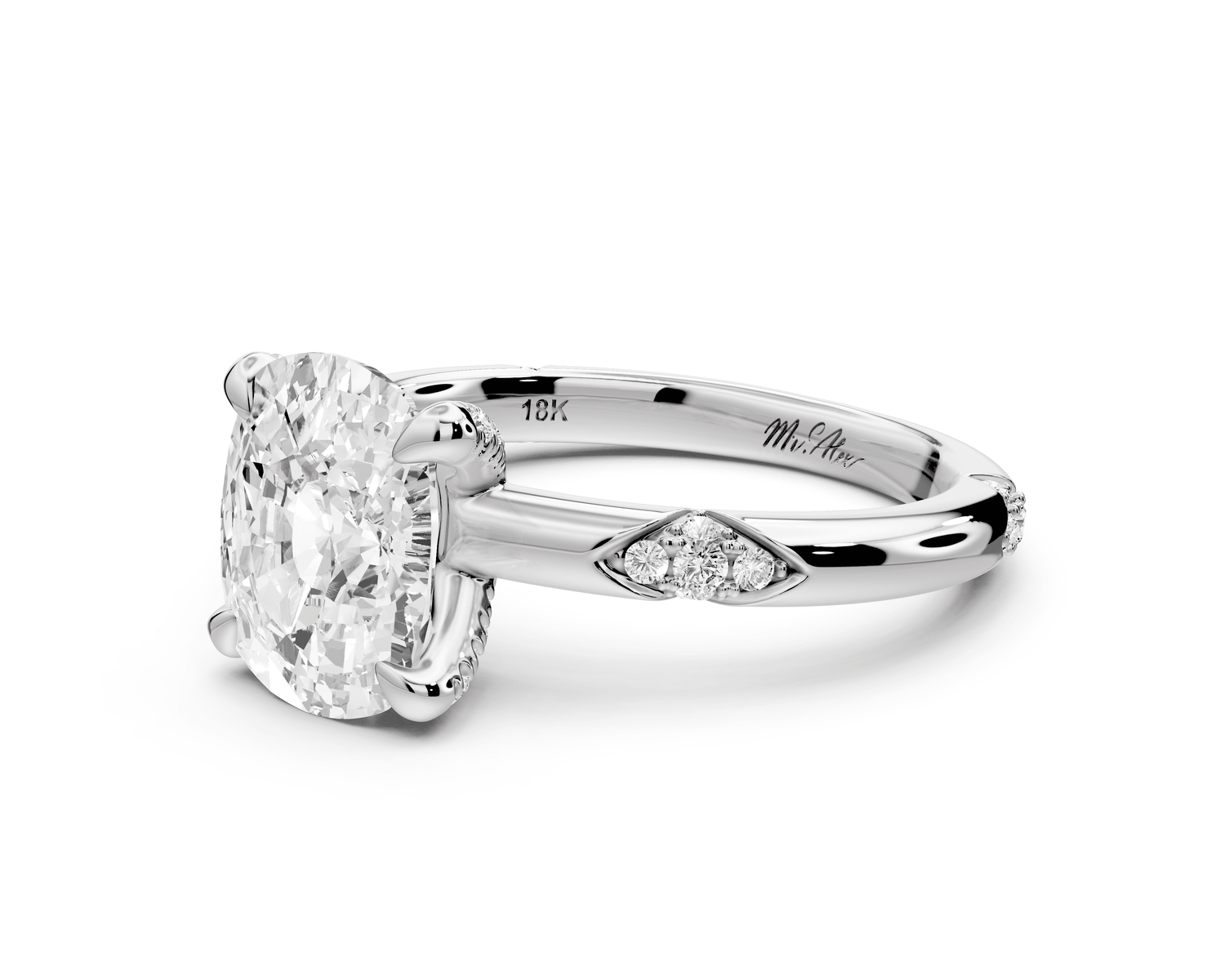 Luna - 3ct 18k white gold ecushion Diamond Crown with Flush - Set Diamond Clusters Engagement Ring - Mr. Alex Jewelry