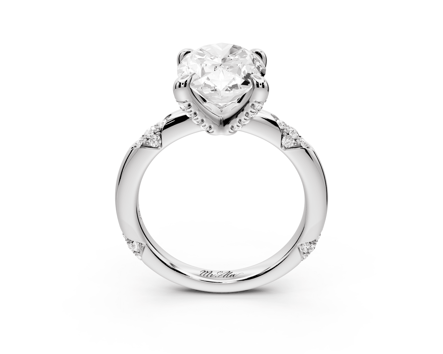Luna - 3ct 18k white gold oval Diamond Crown with Flush - Set Diamond Clusters Engagement Ring - Mr. Alex Jewelry