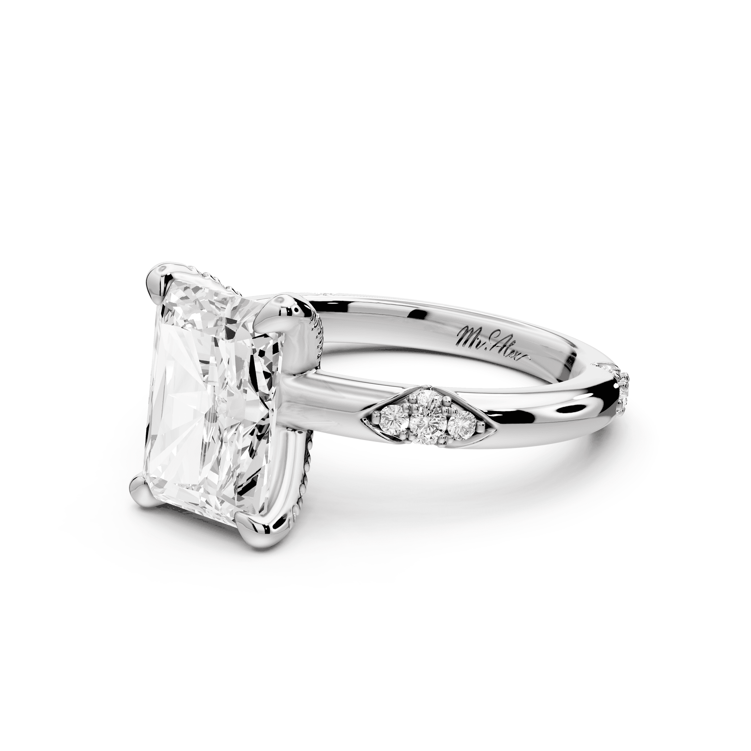 Luna - 3ct 18k white gold radiant Diamond Crown with Flush - Set Diamond Clusters Engagement Ring - Mr. Alex Jewelry