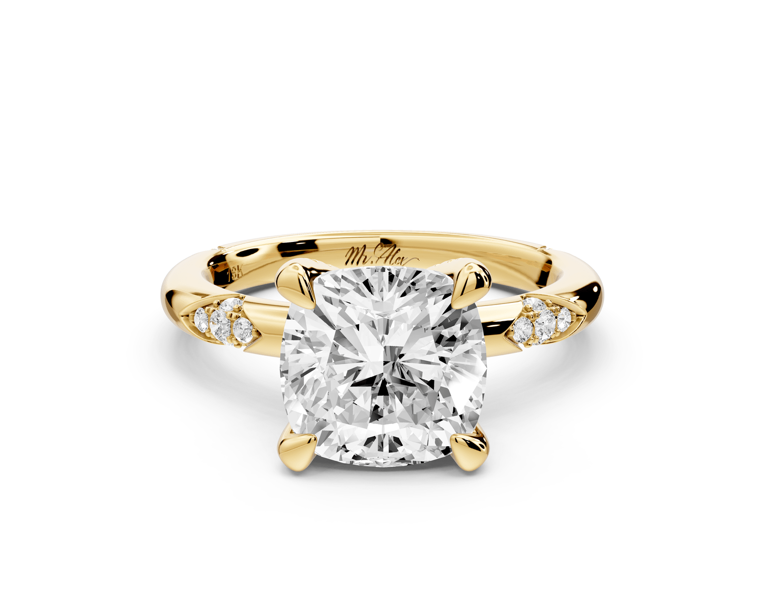 Luna - 3ct 18k yellow gold cushion Diamond Crown with Flush - Set Diamond Clusters Engagement Ring - Mr. Alex Jewelry