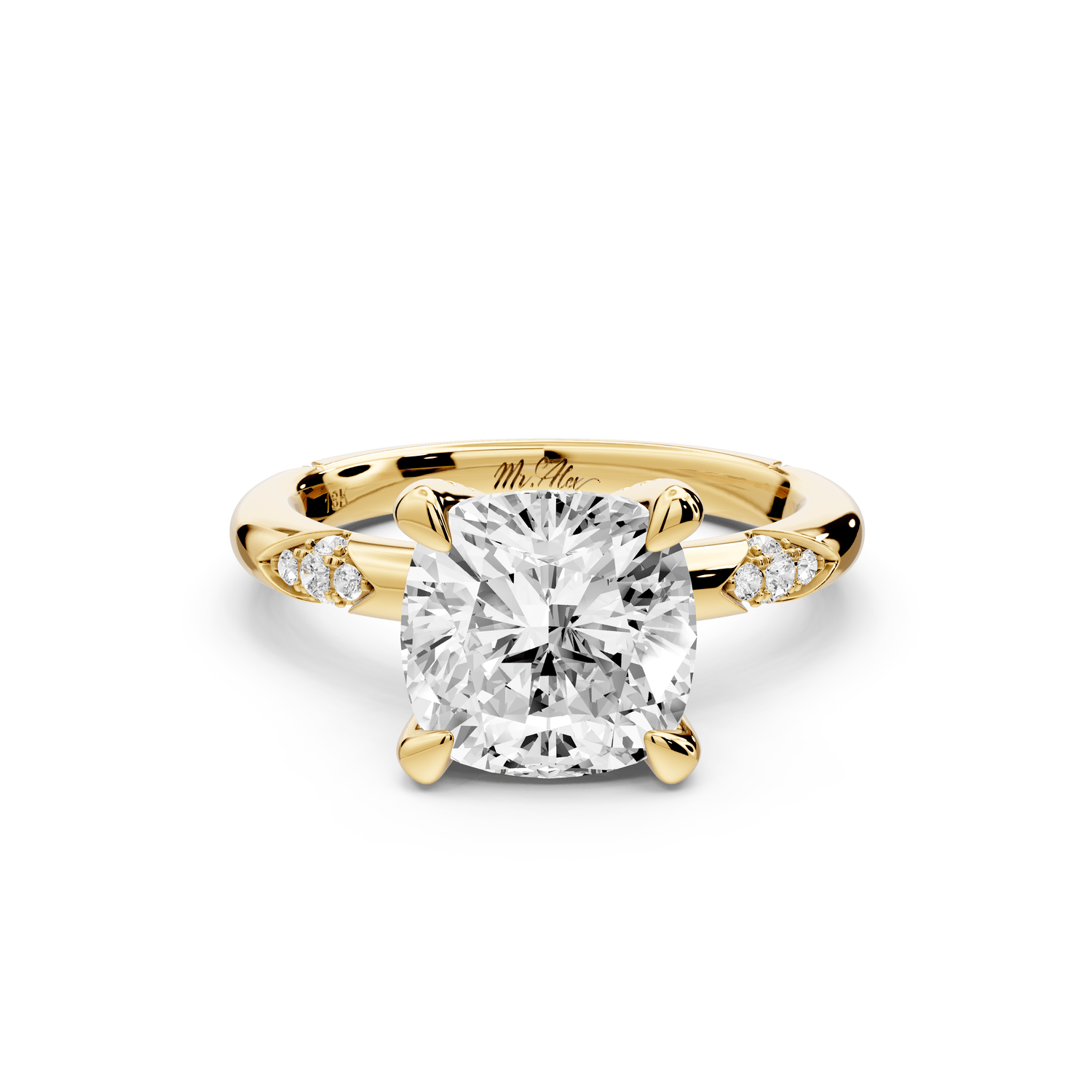 Luna - 3ct 18k yellow gold cushion Diamond Crown with Flush - Set Diamond Clusters Engagement Ring - Mr. Alex Jewelry