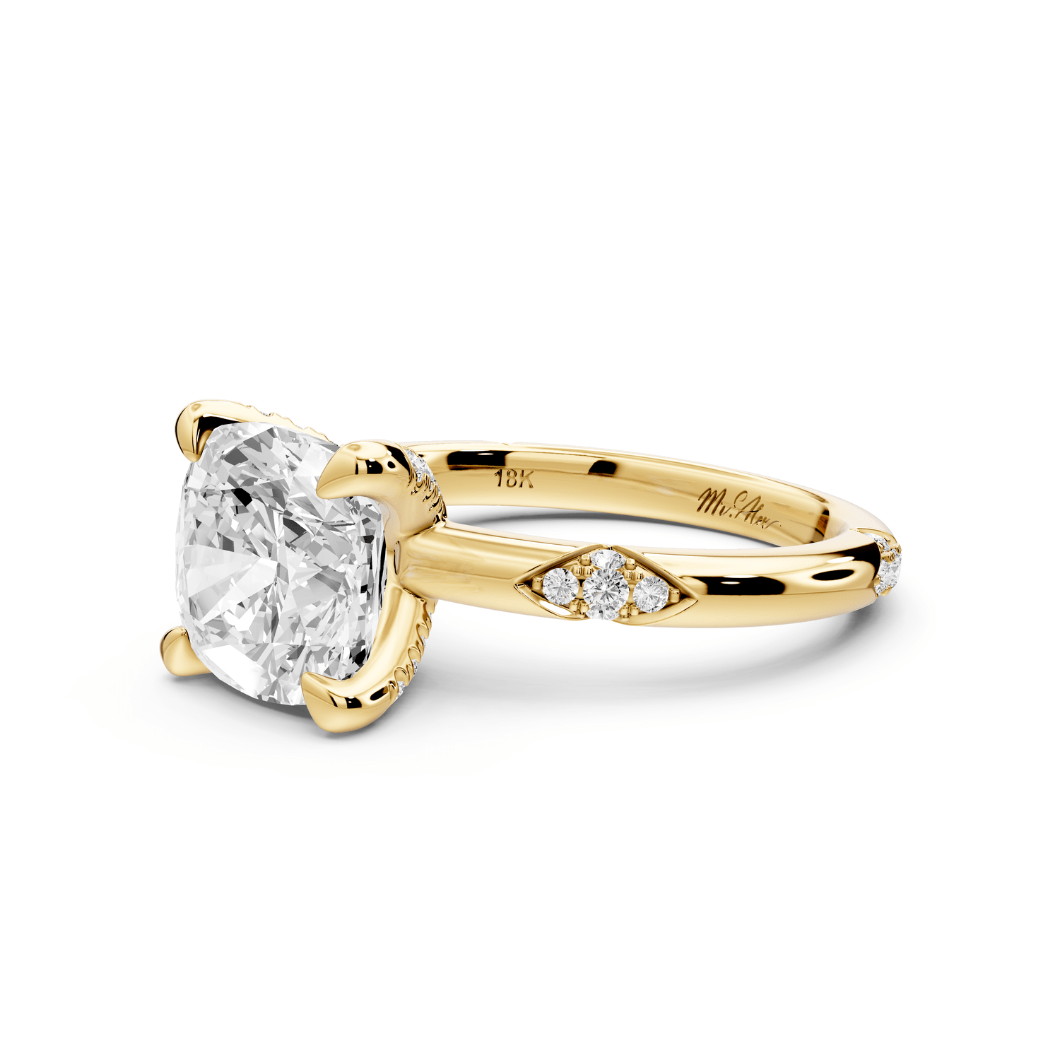 Luna - 3ct 18k yellow gold cushion Diamond Crown with Flush - Set Diamond Clusters Engagement Ring - Mr. Alex Jewelry